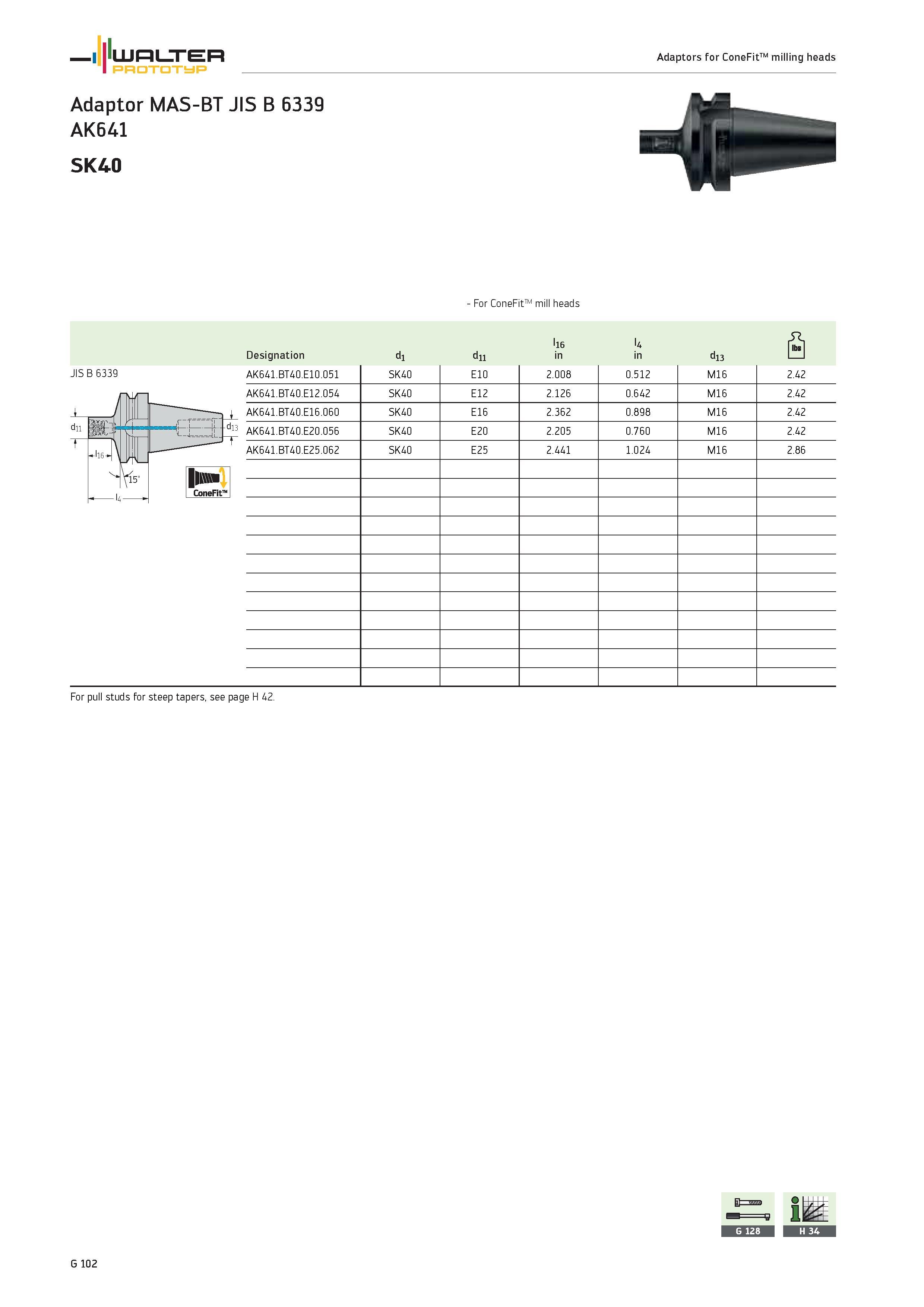 2484 - For ConeFit mill heads l6 l4 ft Designation di dn in di3 1 1 JIS B 6339 AK641 BT40 E10 051 SK40 E10 2 008 0 512 M16 2 42 AK641 BT40 E12 054 SK4 Каталог WALTER 2012 Металлорежущий инструмент и инструментальная оснастка Valenite для станков и металлообрабатывающих комплексов Стр. G102