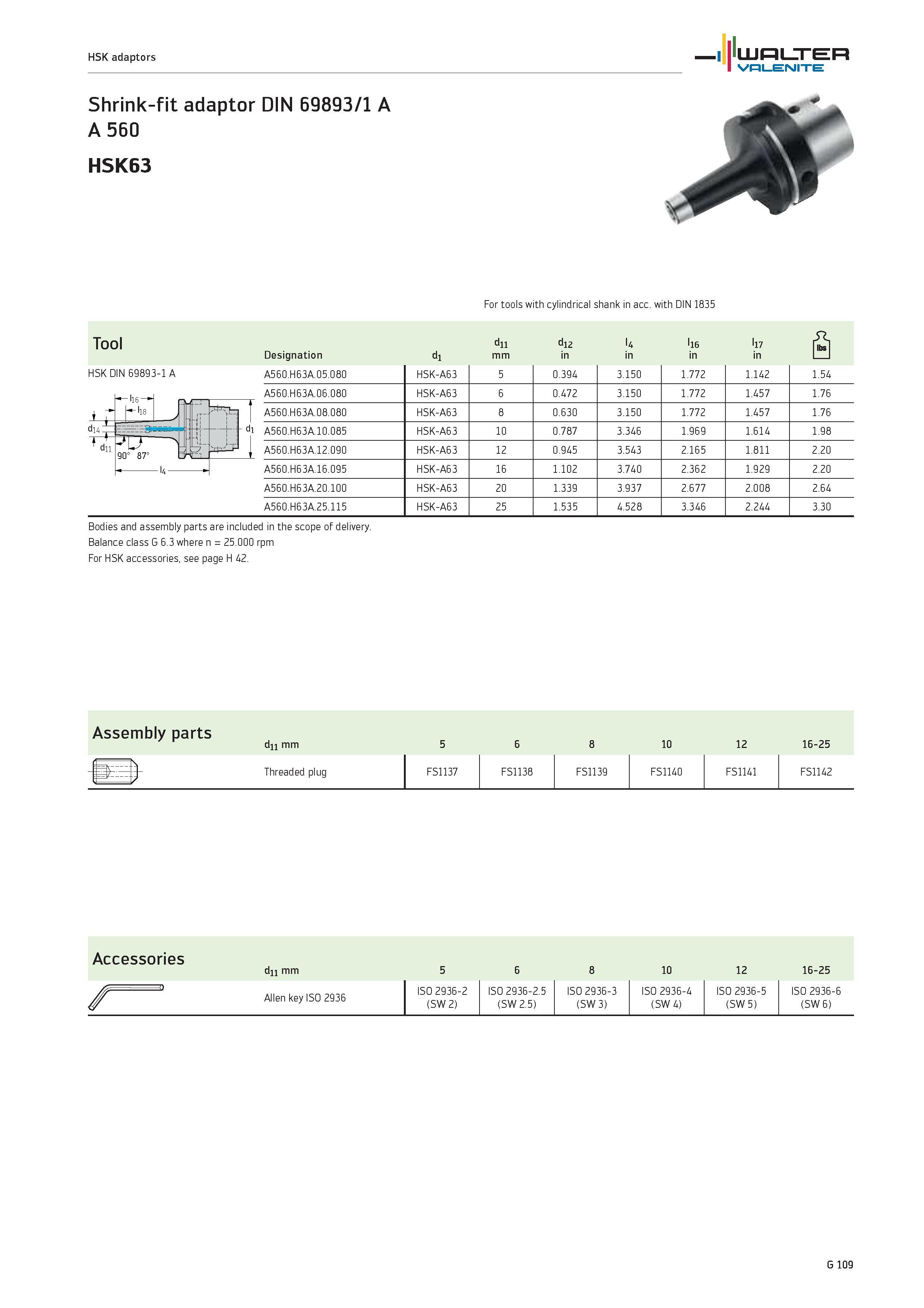 2491 For tools with cylindrical shank in acc with DIN 1835 Tool d11 d12 l4 l16 17 i Designation d1 mm in 1 1 HSK DIN 69893-1 A A560 H63A 05 080 HSK-A6 Каталог WALTER 2012 Металлорежущий инструмент и инструментальная оснастка Valenite для станков и металлообрабатывающих комплексов Стр. G109