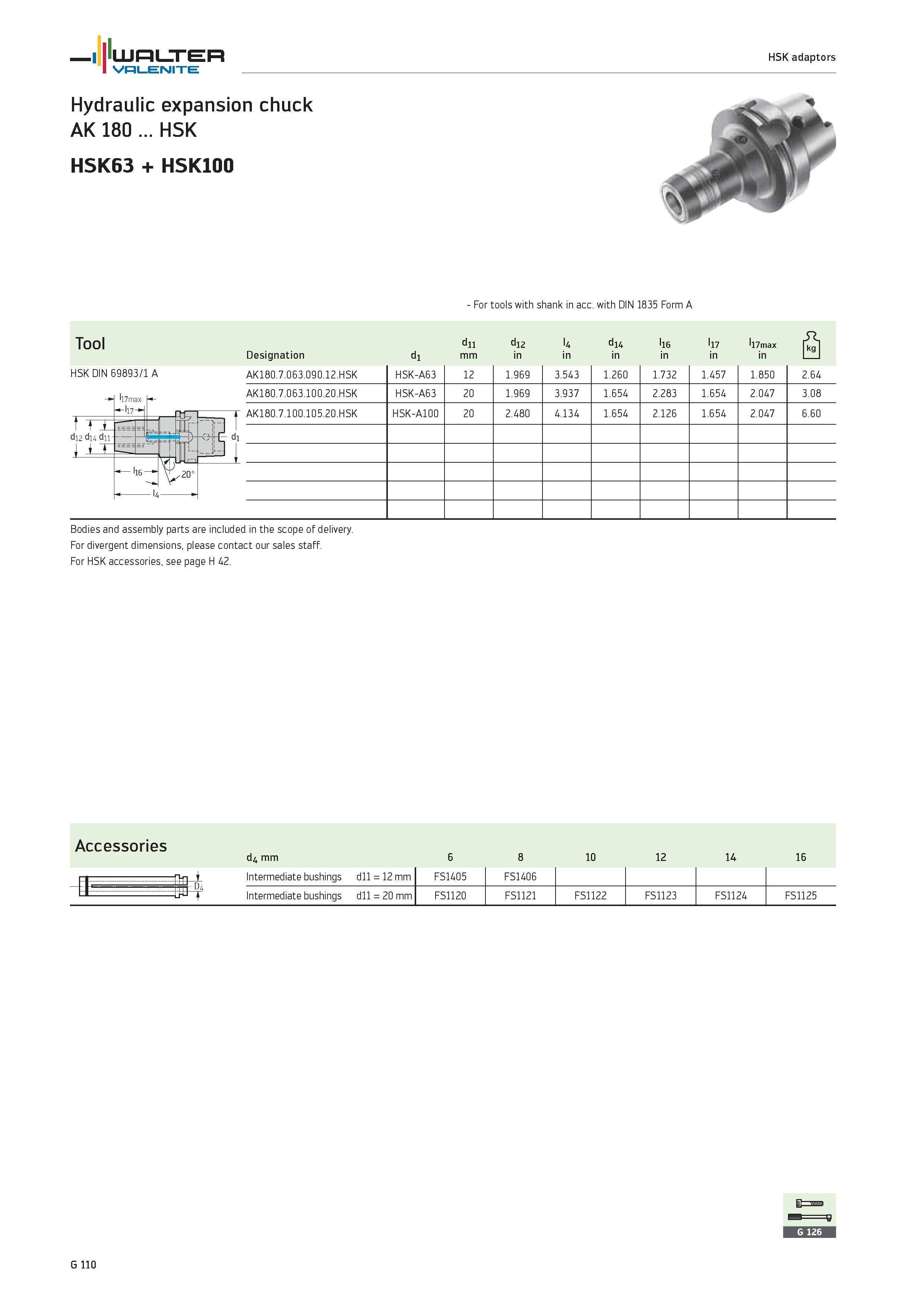 2492 WALTER Valenite HSK adaptors Hydraulic expansion chuck AK 180 HSK HSK63 + HSK100 For tools with shank in acc with DIN 1835 Form A Tool d11 d12 l4 Каталог WALTER 2012 Металлорежущий инструмент и инструментальная оснастка Valenite для станков и металлообрабатывающих комплексов Стр. G110