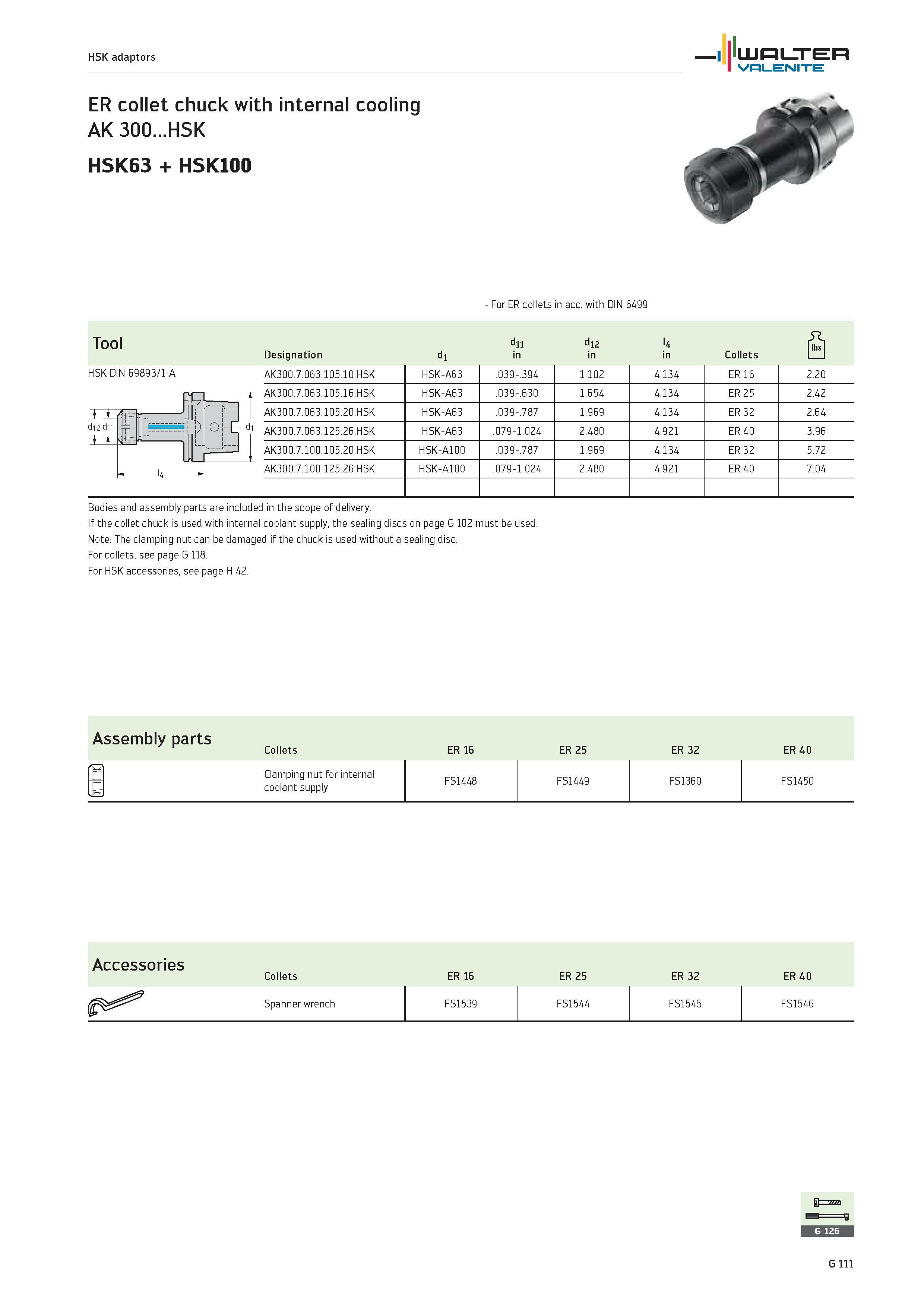 2493 HSK adaptors WALTER Valenite ER collet chuck with internal cooling AK 300 HSK HSK63 + HSK100 For ER collets in acc with DIN 6499 Tool dii di2 l4 Каталог WALTER 2012 Металлорежущий инструмент и инструментальная оснастка Valenite для станков и металлообрабатывающих комплексов Стр. G111