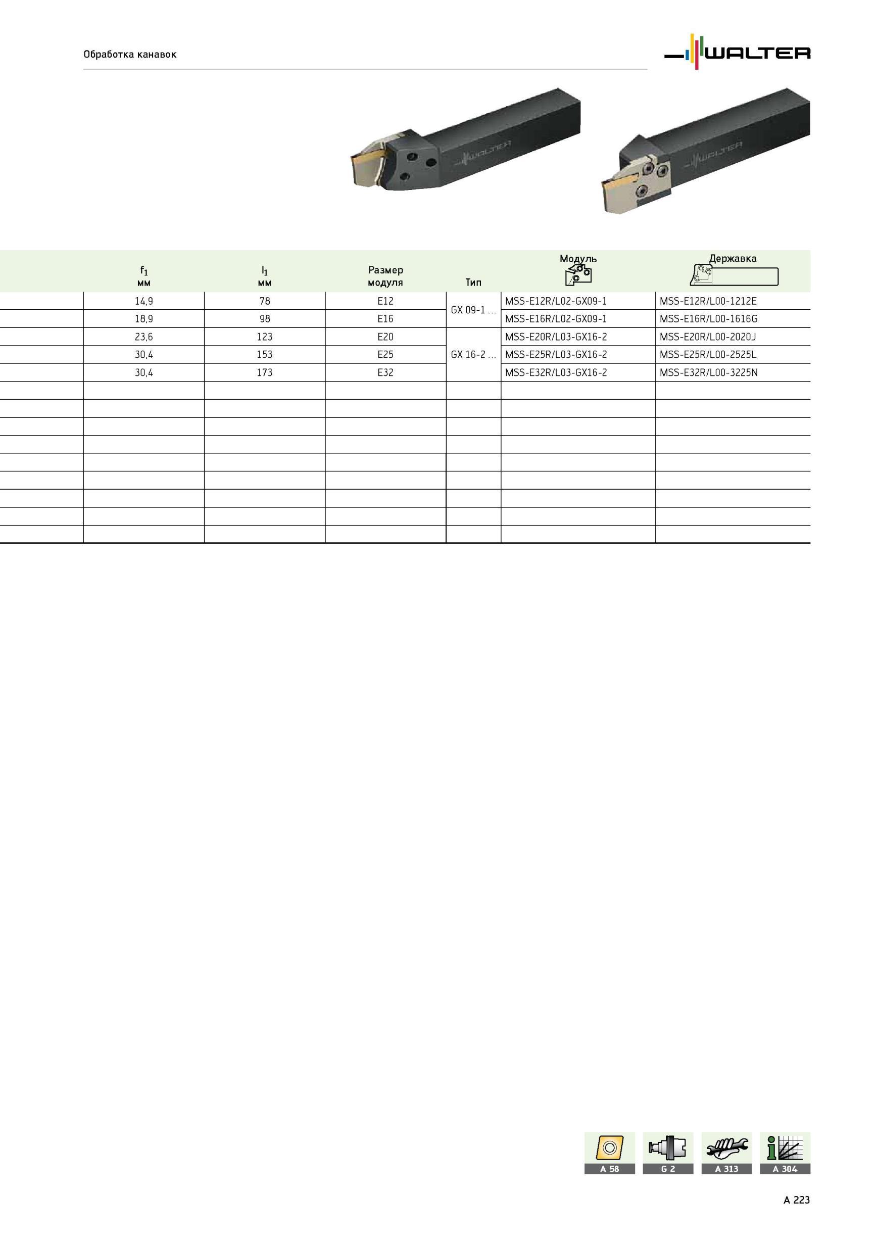 227 Размер модуля Тип Модуль Державка Обработка канавок 14,9 78 E12 GX 09-1 MSS-E12R/L02-GX09-1 MSS-E12R/L00-1212E 18,9 98 E16 MSS-E16R/L02-GX09-1 MSS-E16R/L00-16 Каталог WALTER 2012 Режущий инструмент и инструментальная оснастка Стр. A223