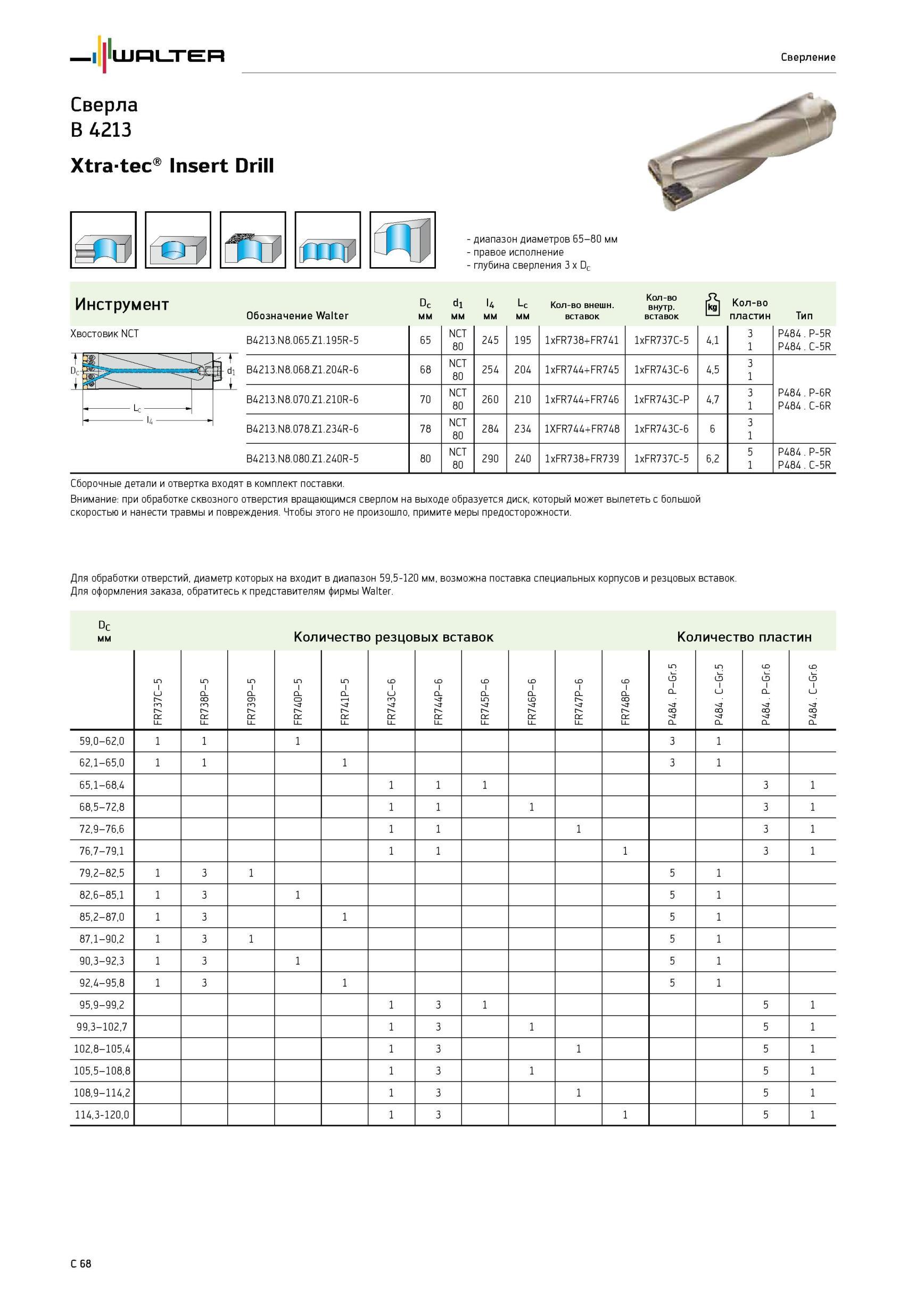 798 Сверла Walter B 4213 Xtratec Insert Drill диапазон диаметров 65-80 мм правое исполнение глубина сверления 3 x Dc Инструмент Хвостовик NCT Обозначение Dc мм d1 Каталог WALTER 2012 Режущий инструмент и инструментальная оснастка Стр. C68