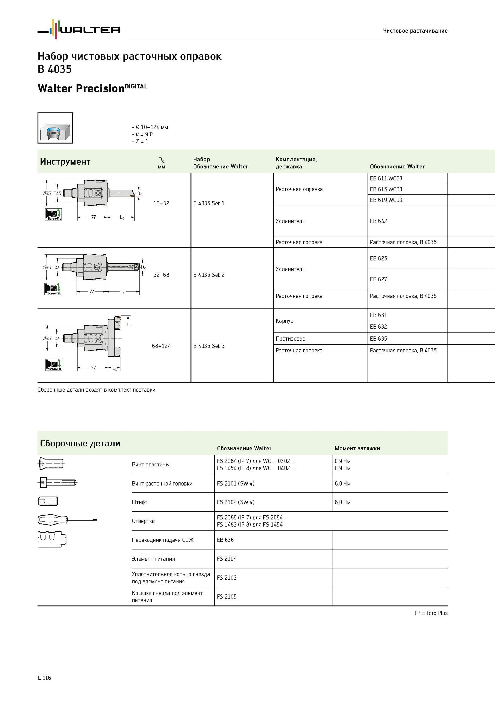 846 Чистовое растачивание Набор чистовых расточных оправок B 4035 Walter PrecisionDIGITAL 0 10-124 мм - к 93° - Z 1 Инструмент 065 T4 10-32 Набор Обозначение B 40 Каталог WALTER 2012 Режущий инструмент и инструментальная оснастка Стр. C116