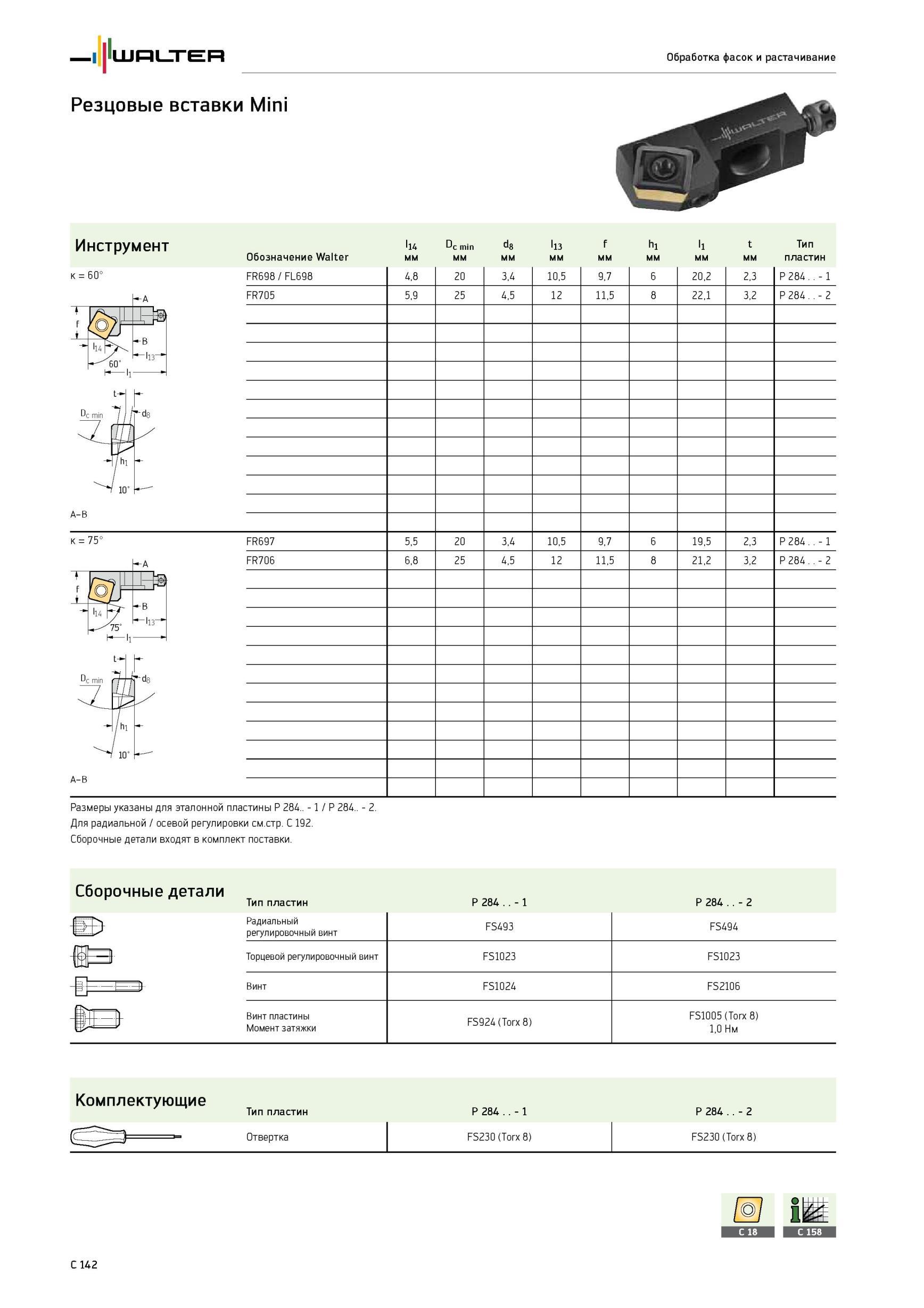 872 Тип Обозначение мм пластин FR698 / FL698 4,8 20 3,4 10,5 9,7 6 20,2 2,3 P 284 - 1 FR705 5,9 25 4,5 12 11,5 8 22,1 3,2 P 284 - 2 FR697 5,5 20 3,4 10,5 9,7 6 19 Каталог WALTER 2012 Режущий инструмент и инструментальная оснастка Стр. C142
