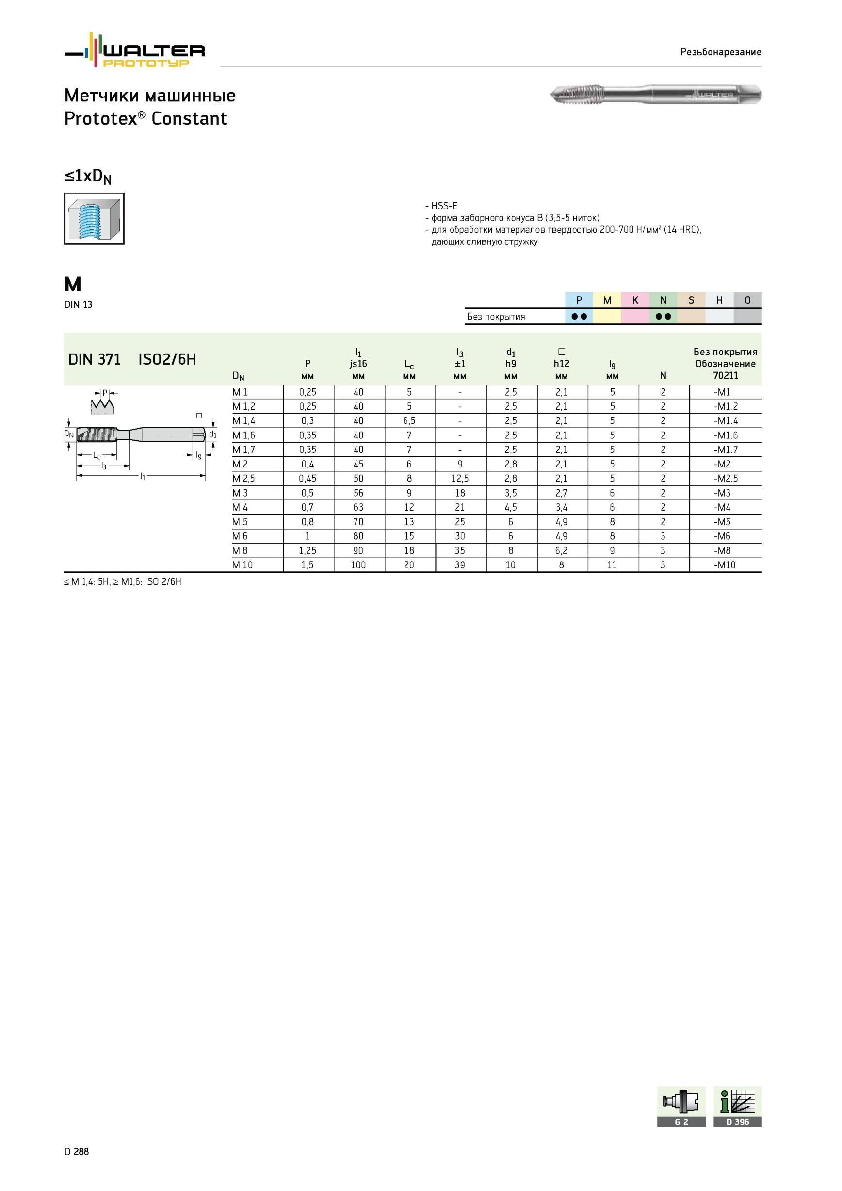 1214 Метчики машинные Walter Prototex Constant 1xDN HSS-E форма заборного конуса B (3,5-5 ниток) для обработки материалов твердостью 200-700 Н/мм2 (14 HRC), дающих Каталог WALTER 2012 Режущий инструмент и инструментальная оснастка Стр. D288