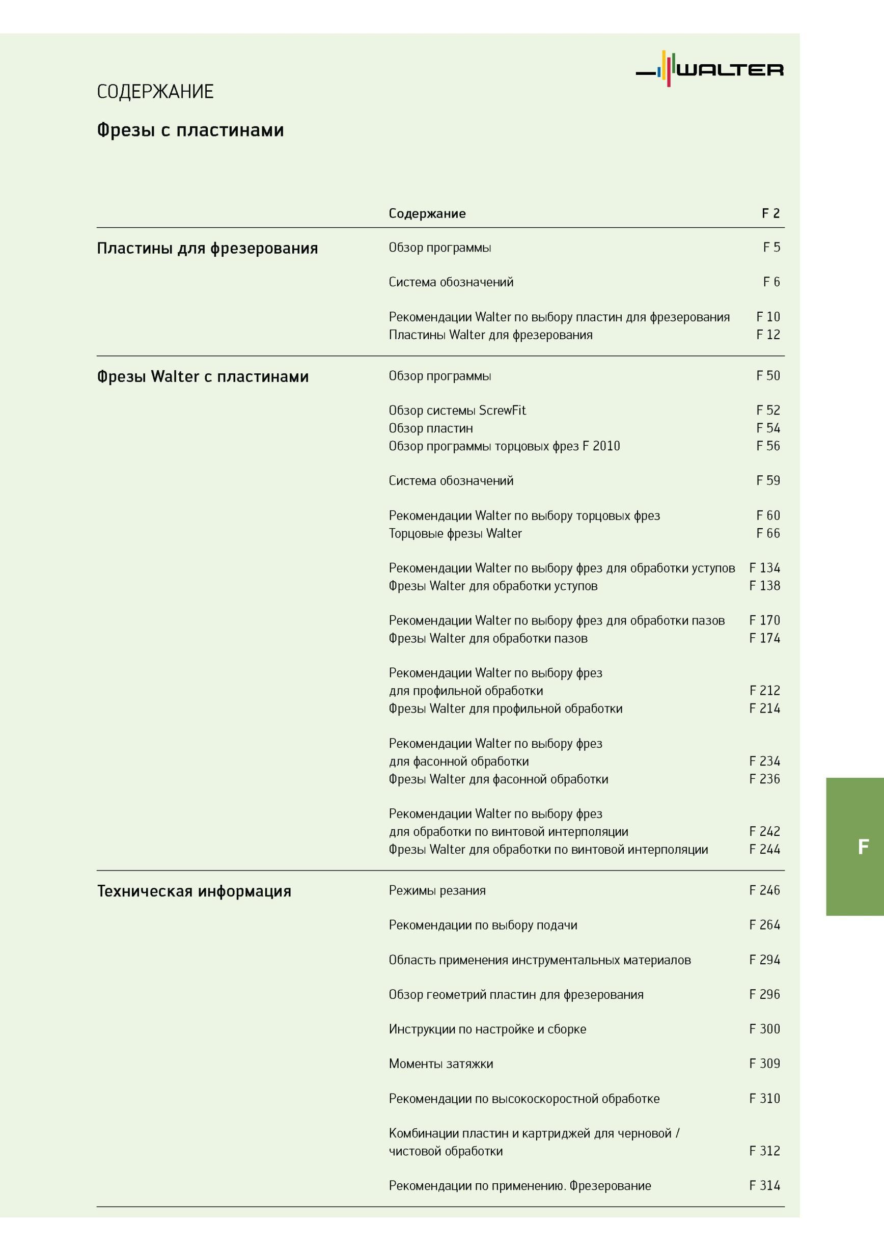 1651 Сборные фрезы Walter с режущими сменными многогранными пластинами Содержание раздела Общего каталога 2012 немецкой компании на русском языке Каталог WALTER 2012 Режущий инструмент и инструментальная оснастка Стр. F1