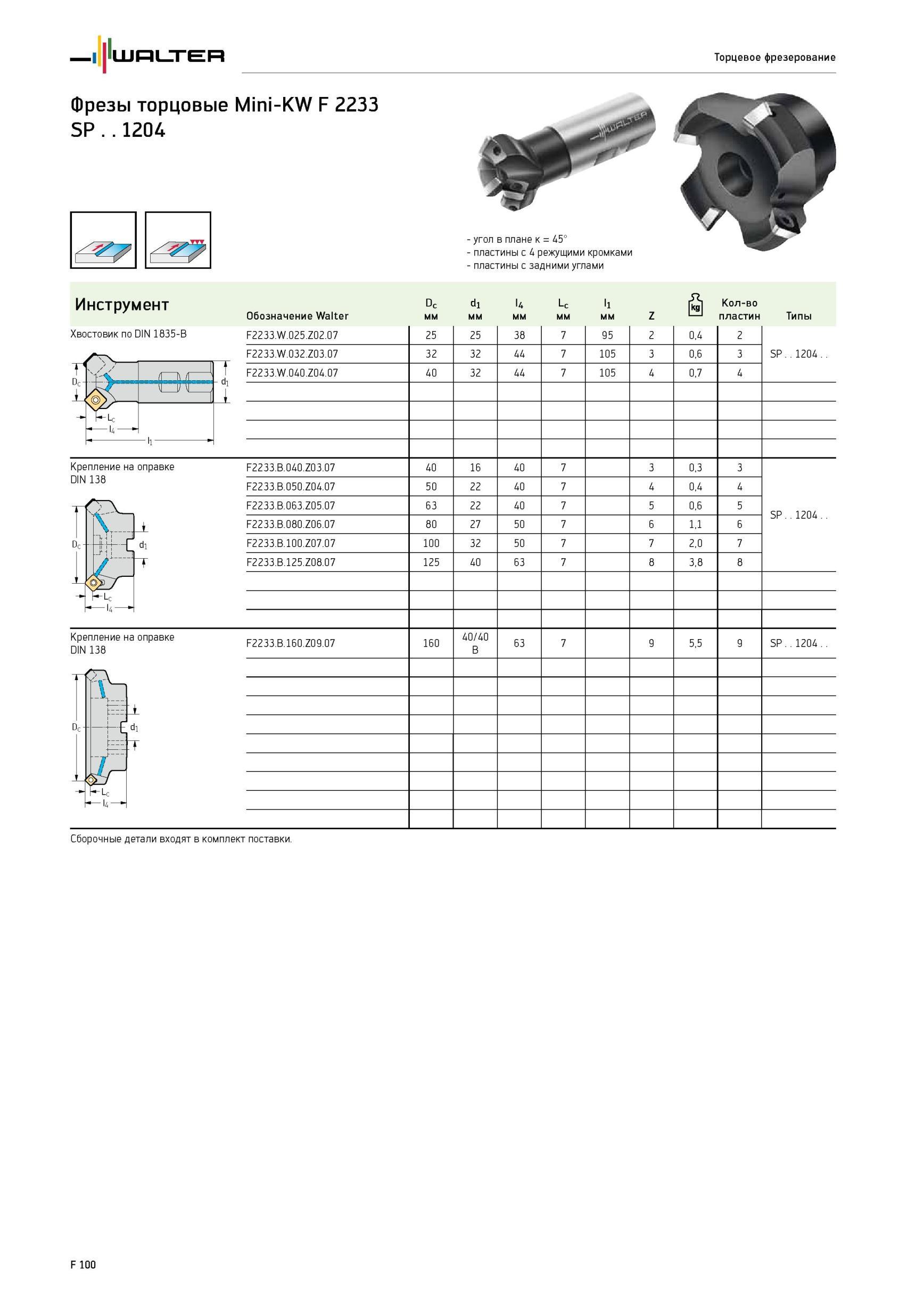 1750 Торцевое фрезерование Фрезы торцовые Walter Mini-KW F 2233 SP 1204 Хвостовик по DIN 1835-B угол в плане к 45° пластины с 4 режущими кромками пластины с задним Каталог WALTER 2012 Режущий инструмент и инструментальная оснастка Стр. F100