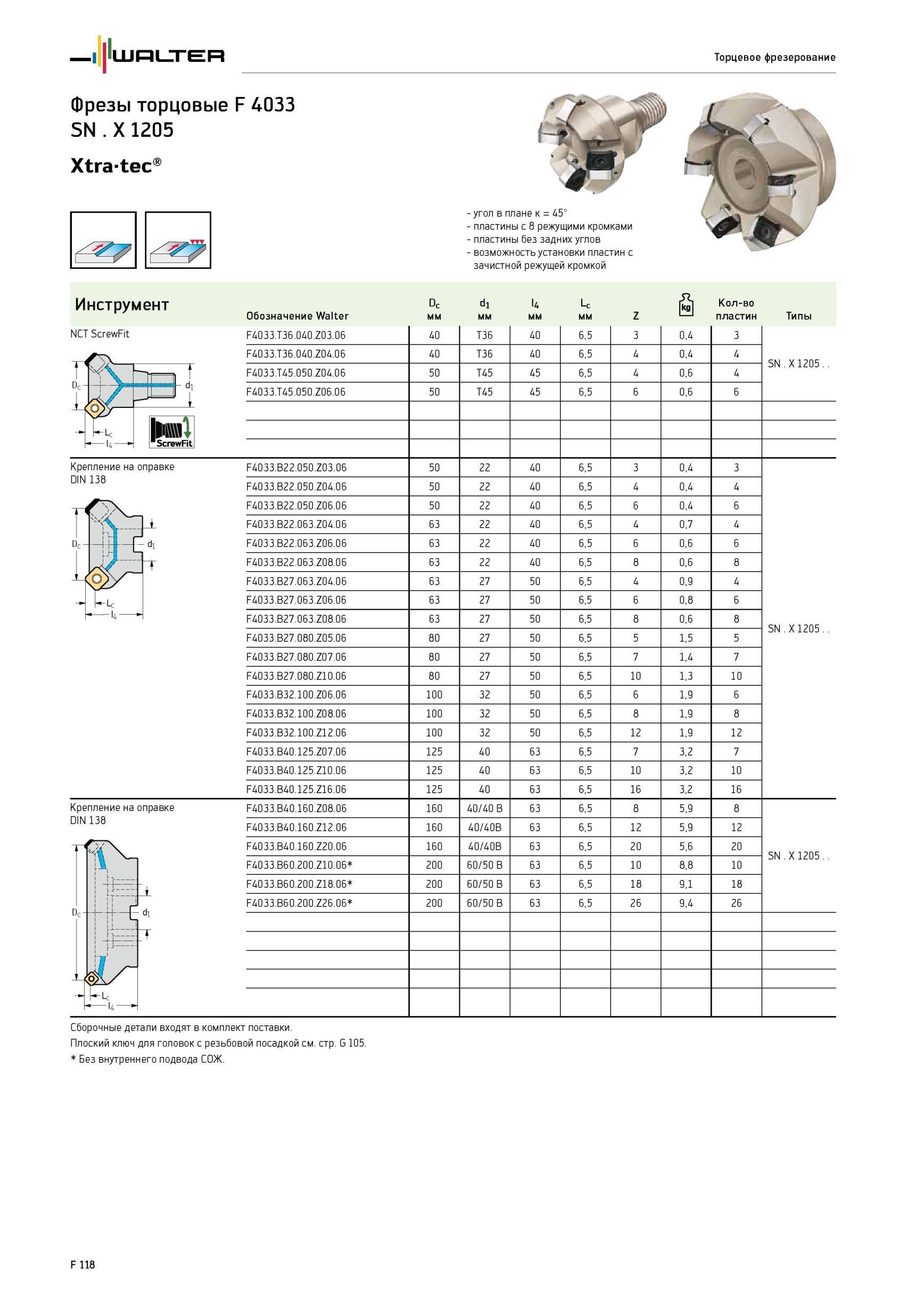 1768 Фрезы торцовые Walter F 4033 SN X1205 Xtra-tec NCT ScrewFit угол в плане к 45° пластины с 8 режущими кромками пластины без задних углов возможность установки Каталог WALTER 2012 Режущий инструмент и инструментальная оснастка Стр. F118