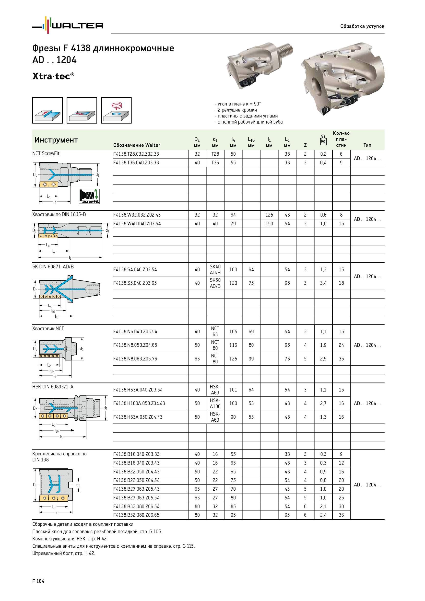 1814 Длиннокромочные кукурузные сборные фрезы Walter F 4138 Xtra-tec со сменными многогранными фрезерными пластинами с двумя режущими кромками Каталог WALTER 2012 Режущий инструмент и инструментальная оснастка Стр. F164