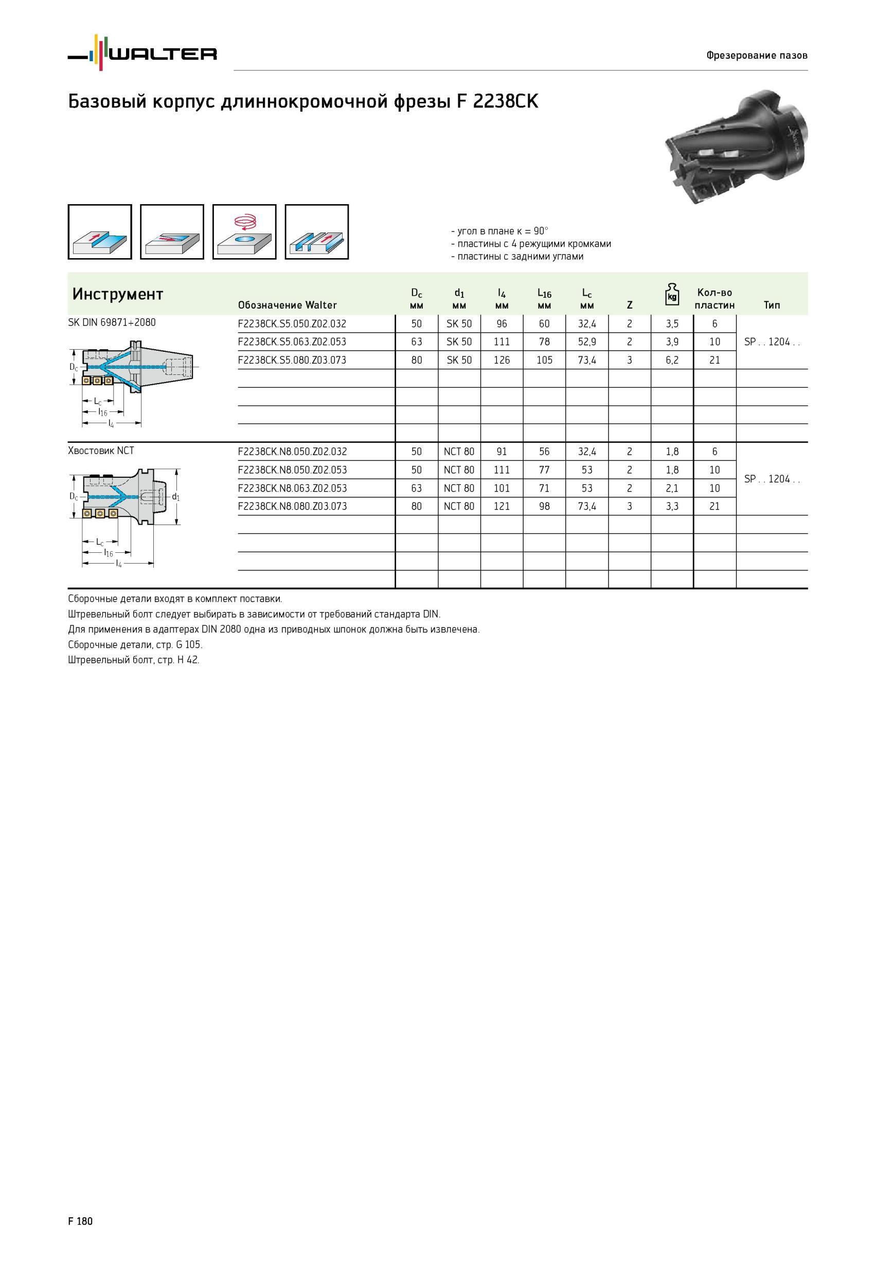 1830 Базовый корпус длиннокромочной фрезы Walter F 2238CK SK DIN 69871+2080 угол в плане к 90° пластины с 4 режущими кромками пластины с задними углами Инструмент Каталог WALTER 2012 Режущий инструмент и инструментальная оснастка Стр. F180