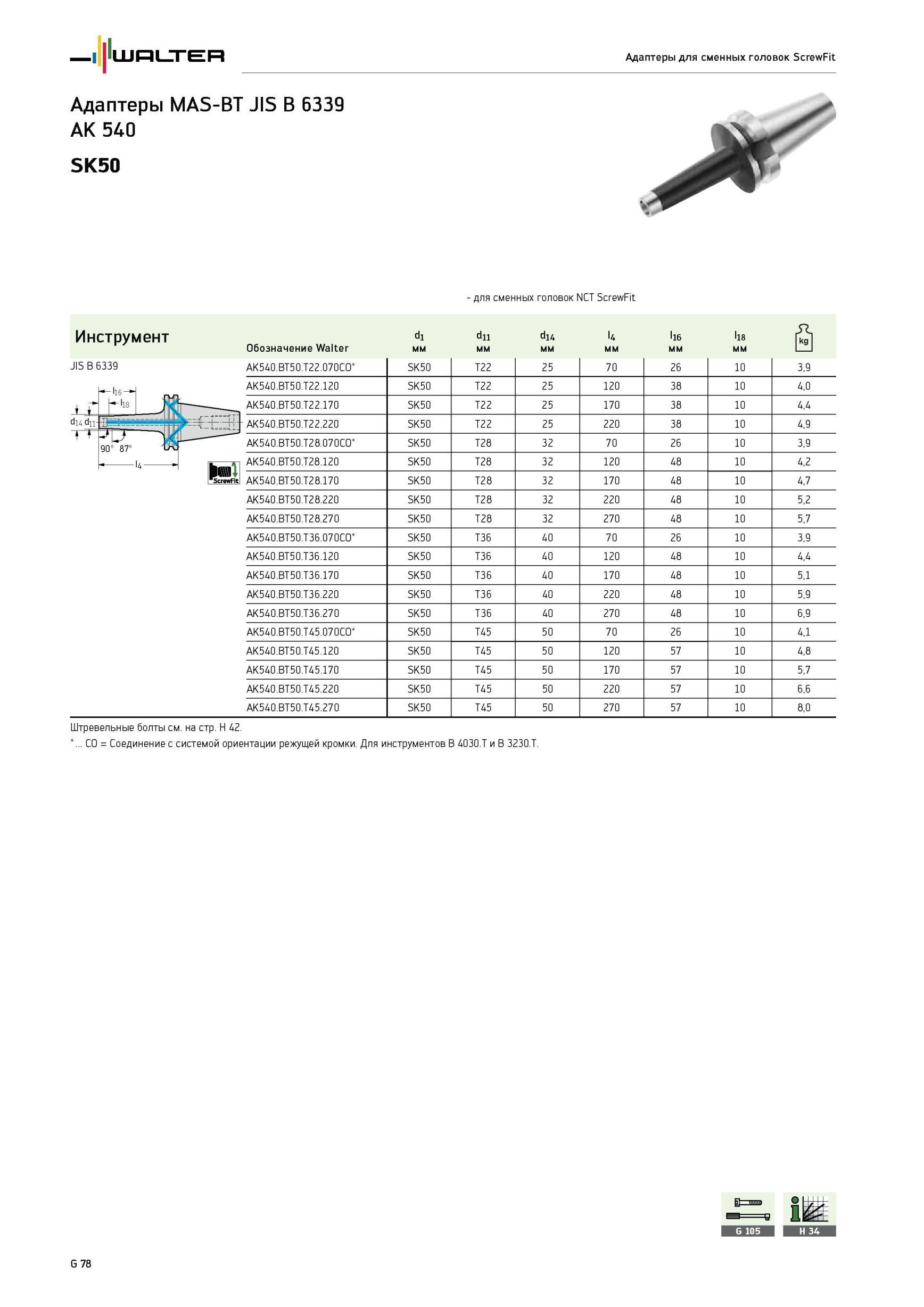 2058 Адаптеры Walter MAS-BT JIS B 6339 AK 540 SK50 для сменных головок NCT ScrewFit Инструмент Обозначение d1 мм dn мм d14 мм l4 мм 2 2 2 2 JIS B 6339 AK540 BT50 T Каталог WALTER 2012 Режущий инструмент и инструментальная оснастка Стр. G78