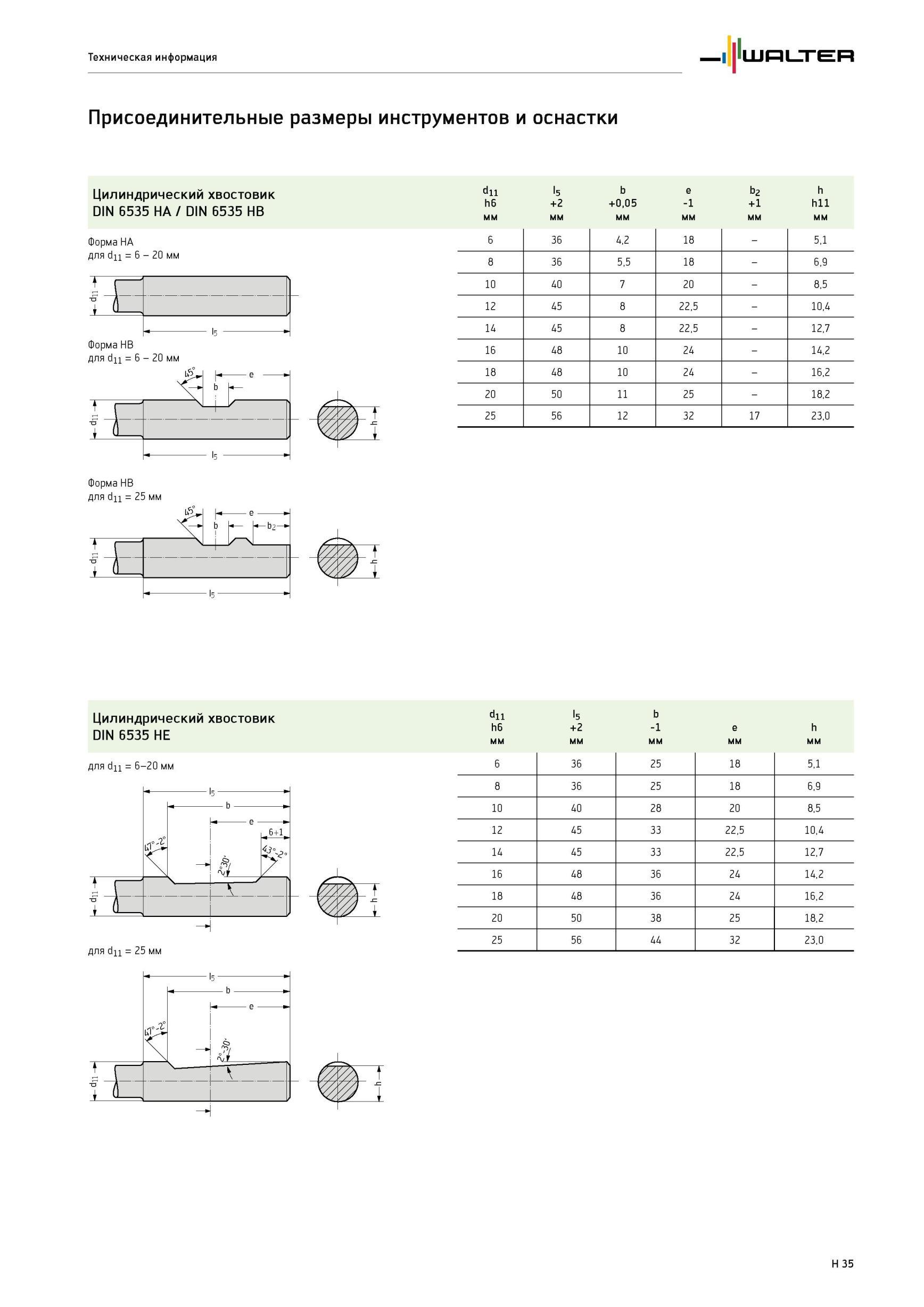 2133 Цилиндрический хвостовик DIN 6535 HA / DIN 6535 HB Цилиндрический хвостовик DIN 6535 HE Присоединительные размеры инструментов и оснастки dll h6 мм l5 +2 мм b Каталог WALTER 2012 Режущий инструмент и инструментальная оснастка Стр. H35