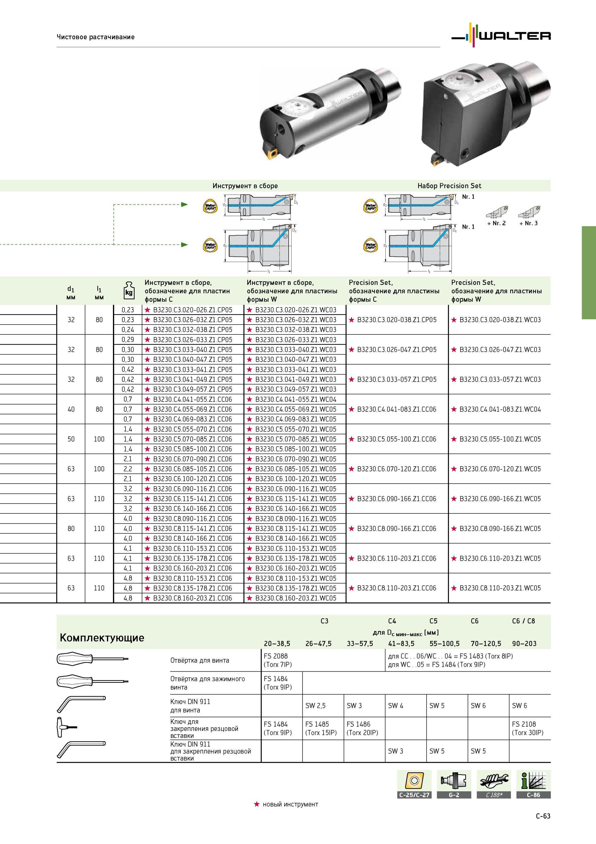 357 Тонкое растачивание отверстий Оправки чистовые расточные B 3230 Walter Precision MEDIUM Комплектующие Ключ DIN 911 для закрепления резцовой вставки Чистовое растачив Каталог WALTER 2013 Дополнение к общему Точение Сверление Резьбонарезание Фрезерование Оснастка Стр. C-63