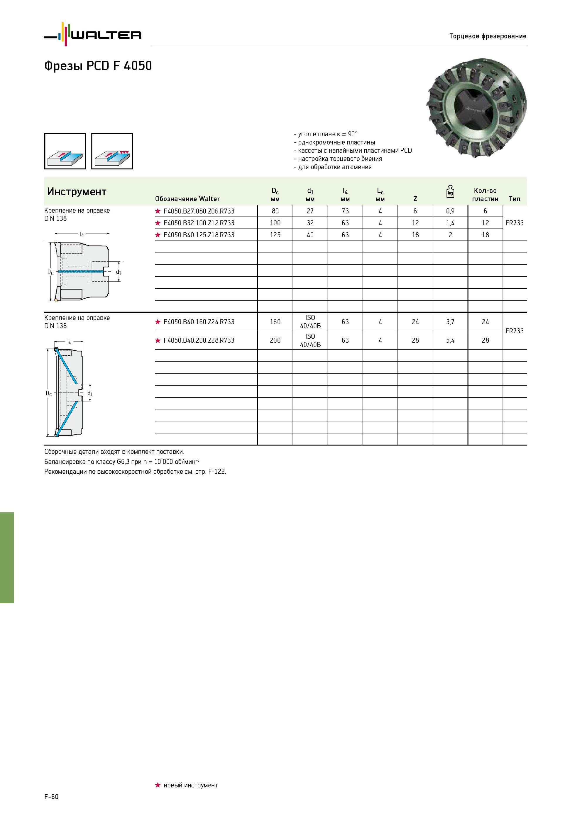 694 Алмазное фрезерование алюминия Фреза торцевая насадная Кассеты с напайными пластинами из поликристаллического алмаза PCD Фрезерная обработка плоских поверхностей Фре Каталог WALTER 2013 Дополнение к общему Точение Сверление Резьбонарезание Фрезерование Оснастка Стр. F-60