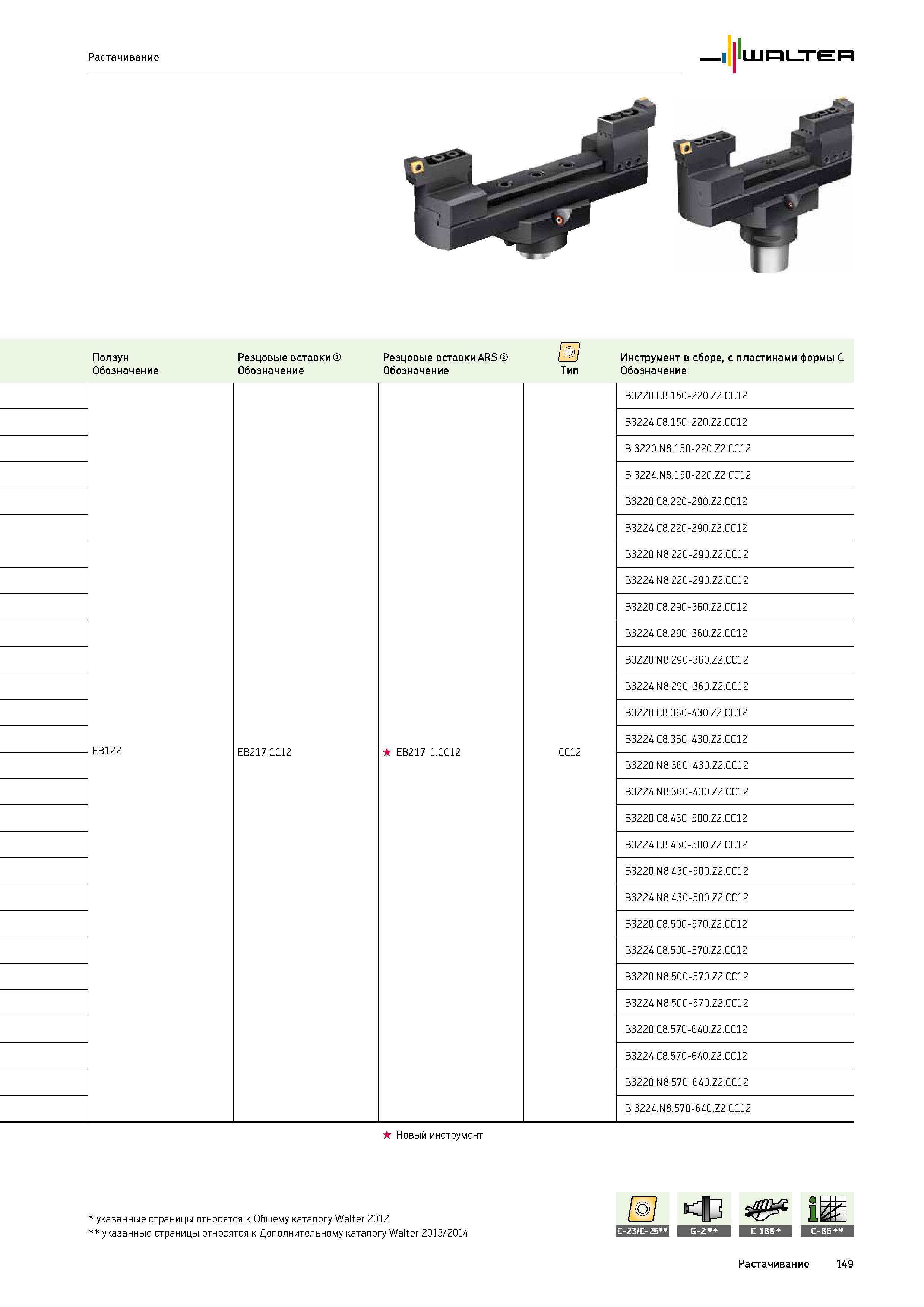 151 Растачивание Walter Ползун Резцовые вставки Обозначение ARS EB122 EB217 CC12 EB217-1 CC12 Тип CC12 Инструмент в сборе с пластинами формы C Обозна Каталог WALTER 2015 Новый металлорежущий инструмент и инструментальная оснастка для станков и центров с ЧПУ Инновации 2015-1 Стр. 149