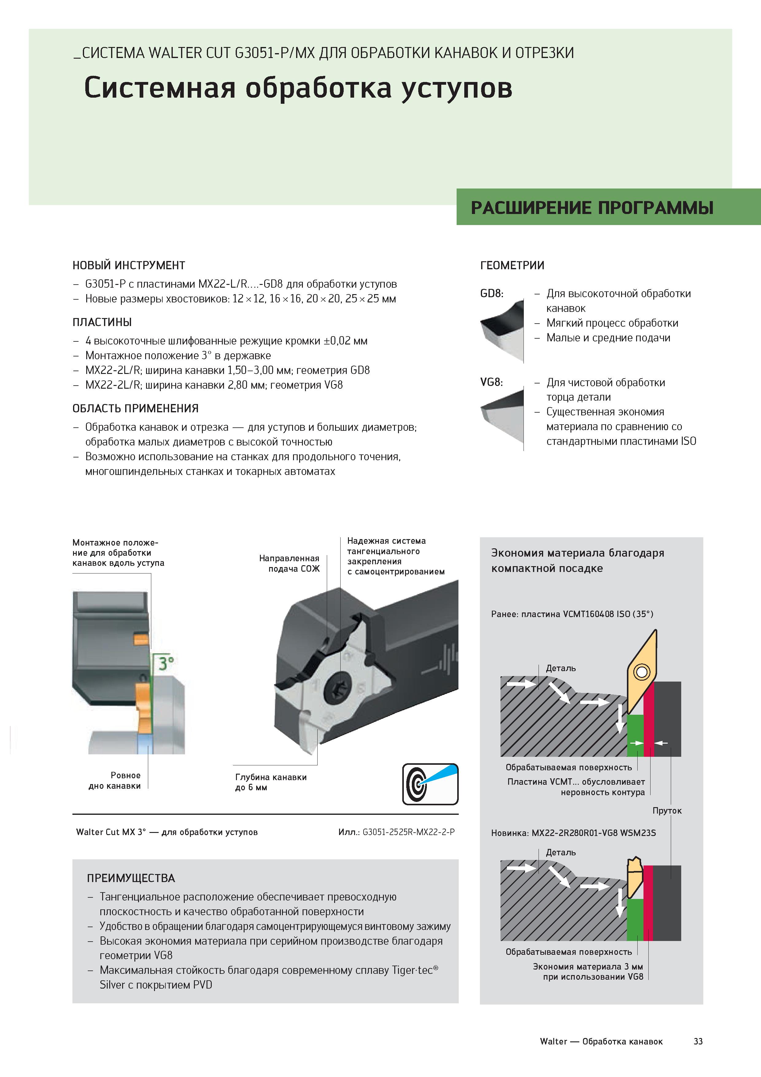 35 СИСТЕМА WALTER CUT G3051-P/MX ДЛЯ ОБРАБОТКИ КАНАВОК И ОТРЕЗКИ Системная обработка уступов РАСШИРЕНИЕ ПРОГРАММЫ НОВЫЙ ИНСТРУМЕНТ - G3051-P с пласт Каталог WALTER 2020 Инновационный станочный инструмент и технологическая оснастка для точения и растачивания отрезки токарной обработки канавок сверления отверстий в металле Стр. 33