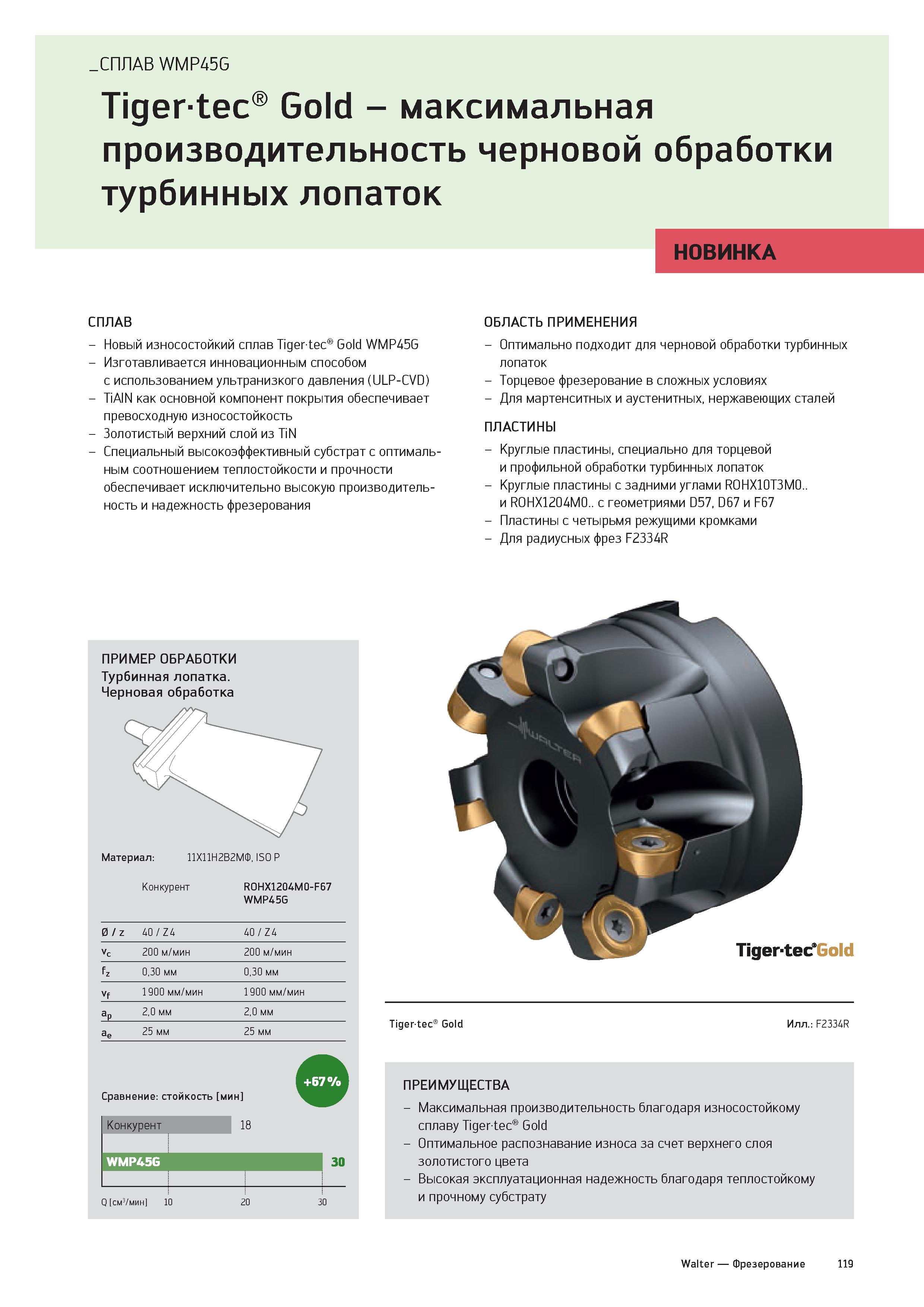 121 СПЛАВ WMP45G Tigertec Gold - максимальная производительность черновой обработки турбинных лопаток НОВИНКА СПЛАВ - Новый износостойкий сплав Tiger Каталог WALTER 2020 Инновационный станочный инструмент и технологическая оснастка для точения и растачивания отрезки токарной обработки канавок сверления отверстий в металле Стр. 119