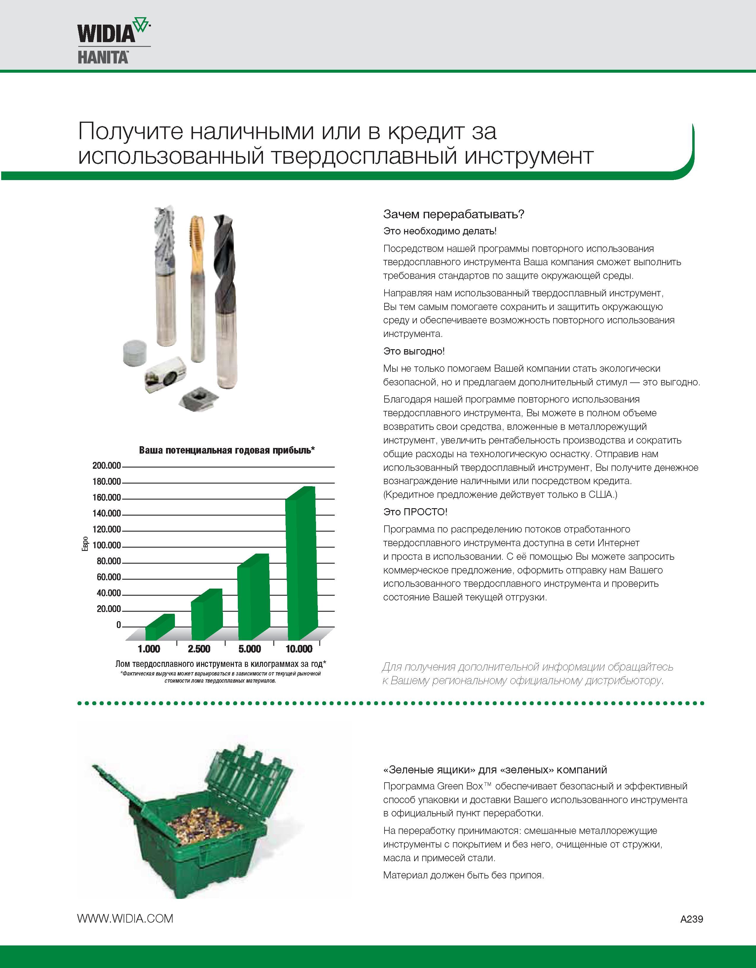 249 Посредством программы Widia по повторному использованию твердосплавного инструмента Ваша компания сможет выполнить требования международных и национальных Каталог WIDIA 2010 Режущий осевой инструмент Цельные концевые фрезы из твердого сплава и быстрорежущие Сверла спиральные Развертки многолезвийные Стр. A239