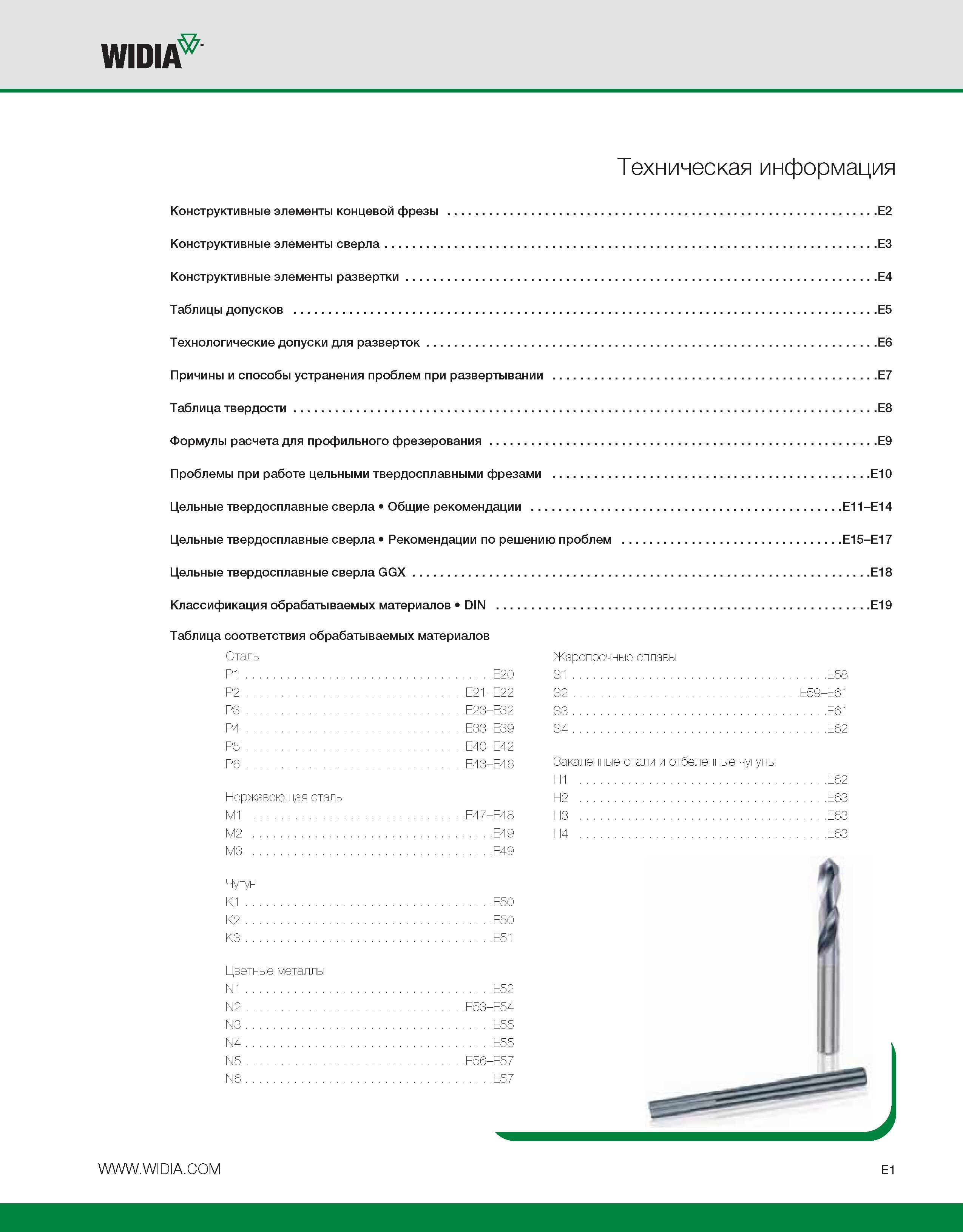 485 WIDI Техническая информация Конструктивные элементы концевой фрезы E2 Конструктивные элементы сверла E3 Конструктивные элементы развертки E4 Таблицы допуск Каталог WIDIA 2010 Режущий осевой инструмент Цельные концевые фрезы из твердого сплава и быстрорежущие Сверла спиральные Развертки многолезвийные Стр. E1