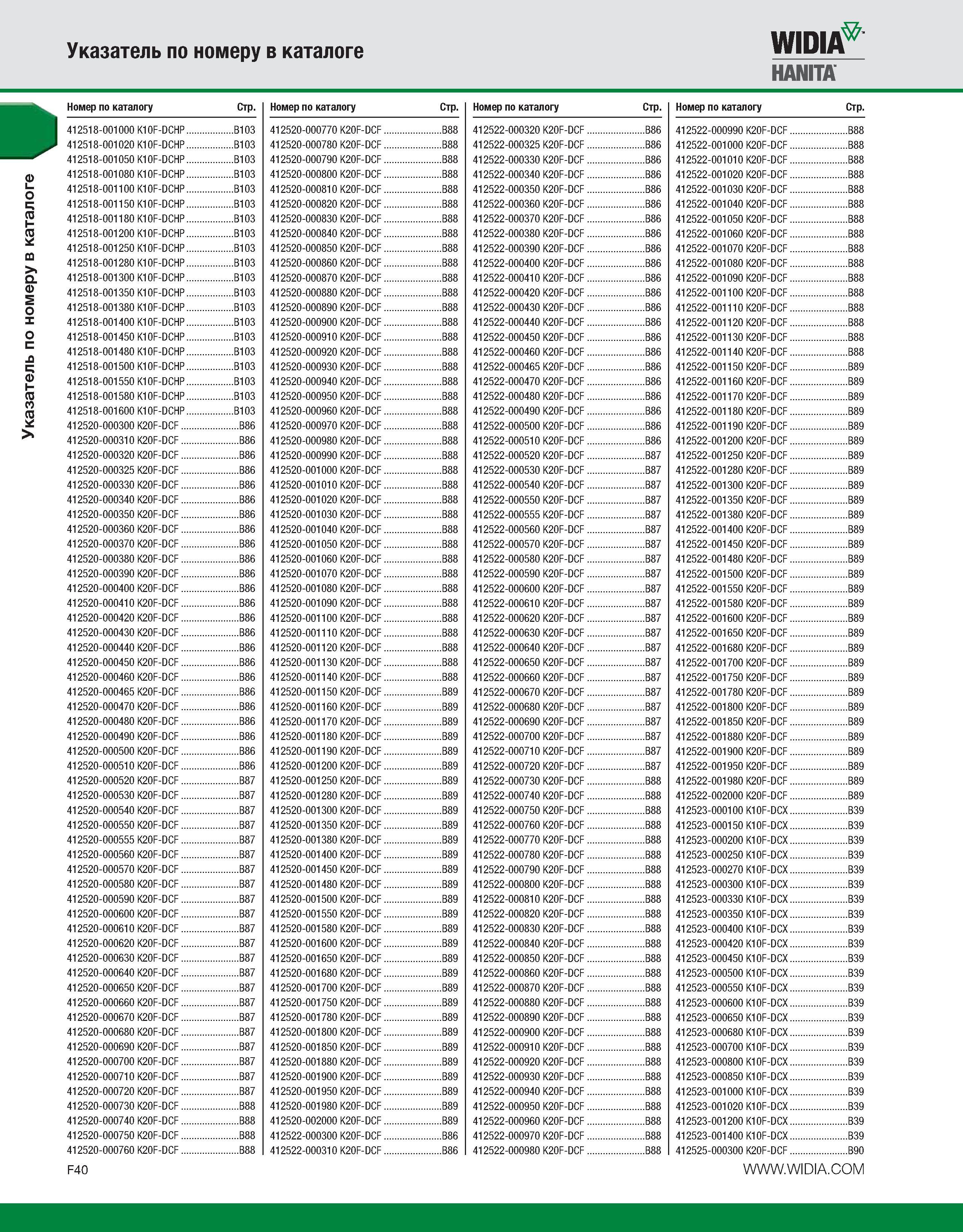 586 Указатель по номеру в каталоге Указатель по номеру в каталоге Widia Hanita Номер по каталогу Стр Номер по каталогу Стр Номер по каталогу Стр Номер по катал Каталог WIDIA 2010 Режущий осевой инструмент Цельные концевые фрезы из твердого сплава и быстрорежущие Сверла спиральные Развертки многолезвийные Стр. F40
