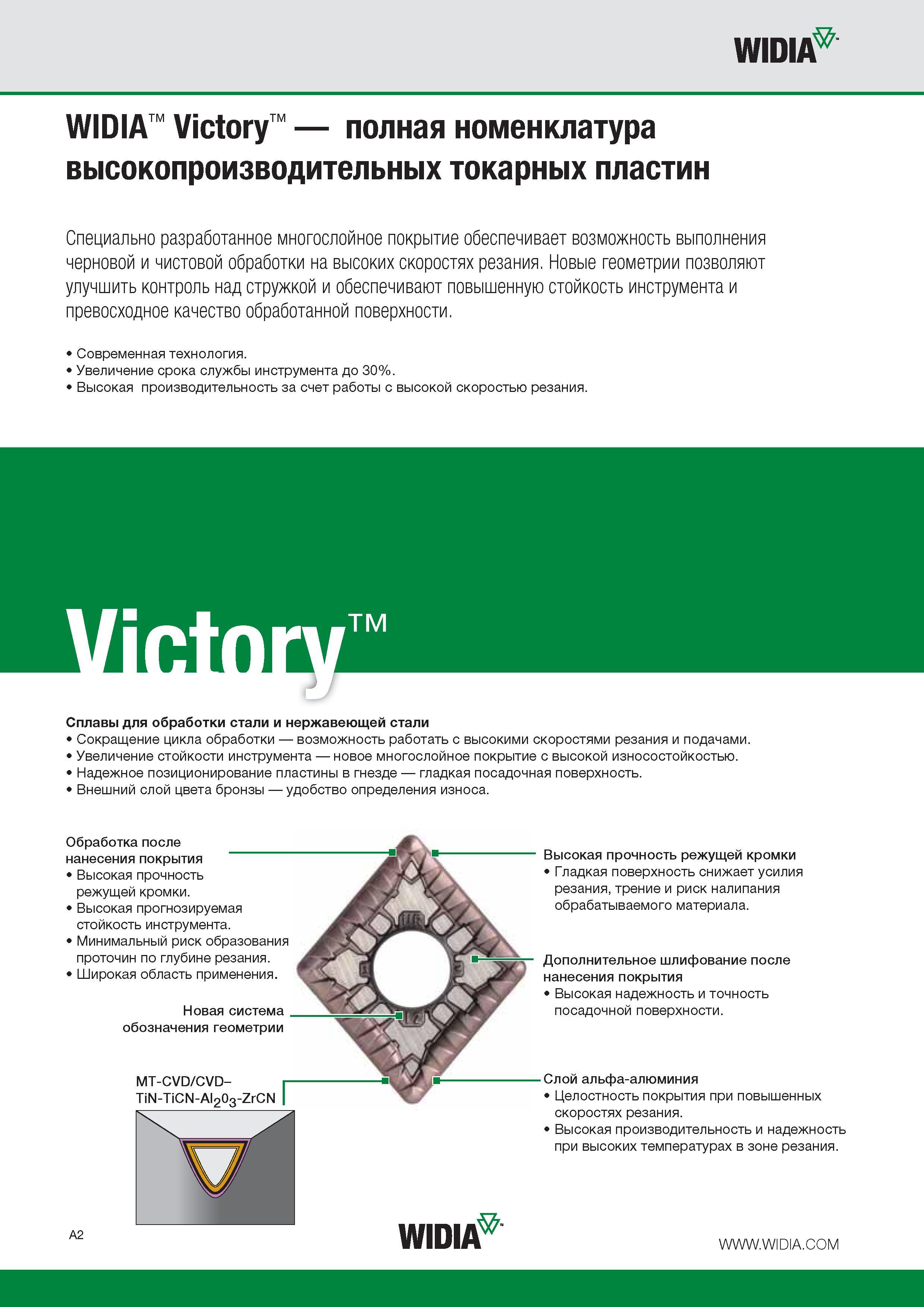 6 Высокопроизводительные токарные пластины Widia Victory Основные характеристики режущего инструмента Специально разработанное многослойное покрытие обеспечивает во Каталог WIDIA 2015 Токарный инструмент для наружного точения и растачивания Обработка канавок и отрезка Нарезание резьбы на станочном оборудовании Стр. A2