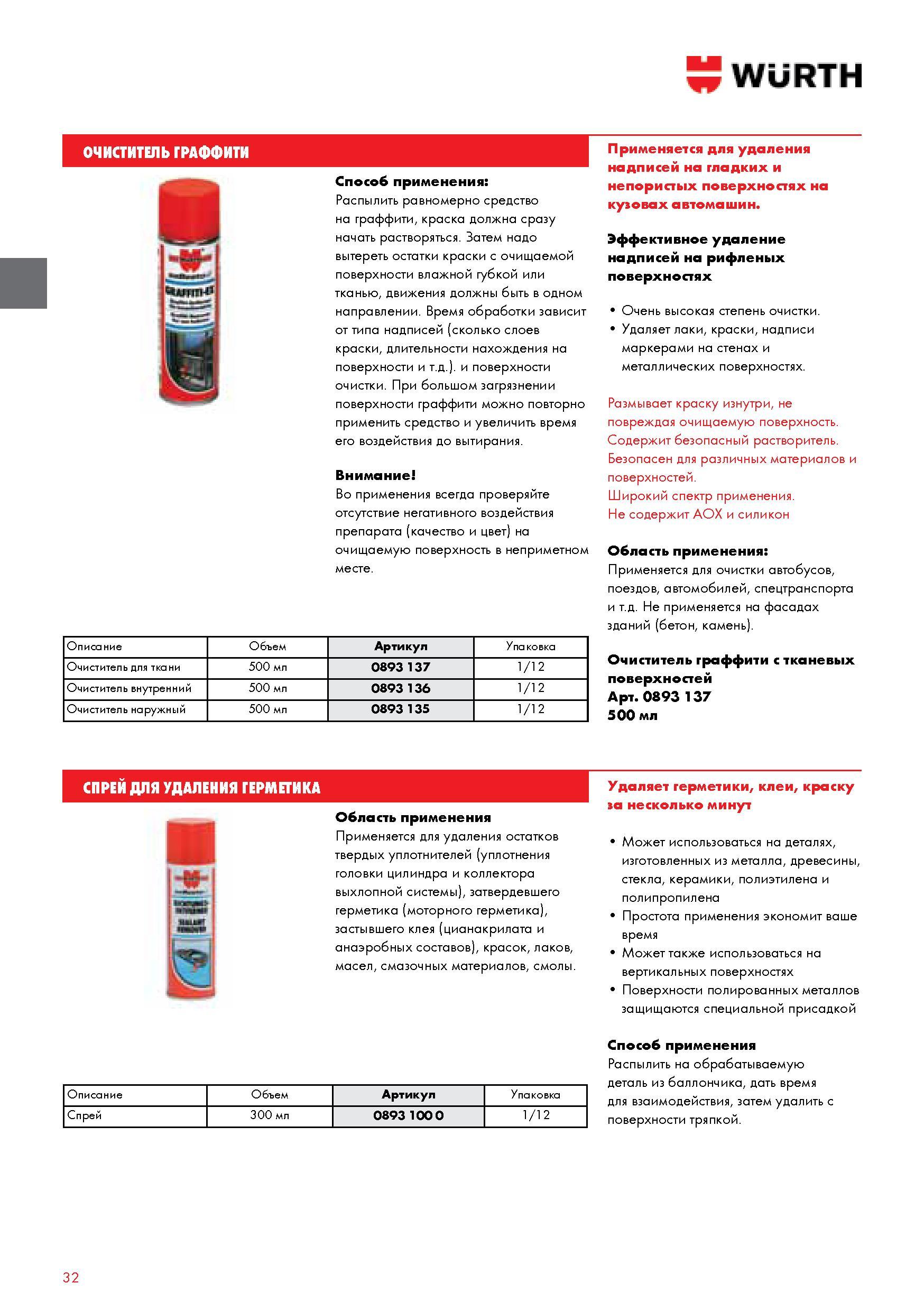 32 ОЧИСТИТЕЛЬ ГРАФФИТИ WURTH Способ применения Распылить равномерно средство на граффити краска должна сразу начать растворяться Затем надо вытереть оста Каталог WURTH 2014 Химия Инструмент Крепежные изделия Электротехническая продукция Оборудование и материалы для автосервиса Стр. 32