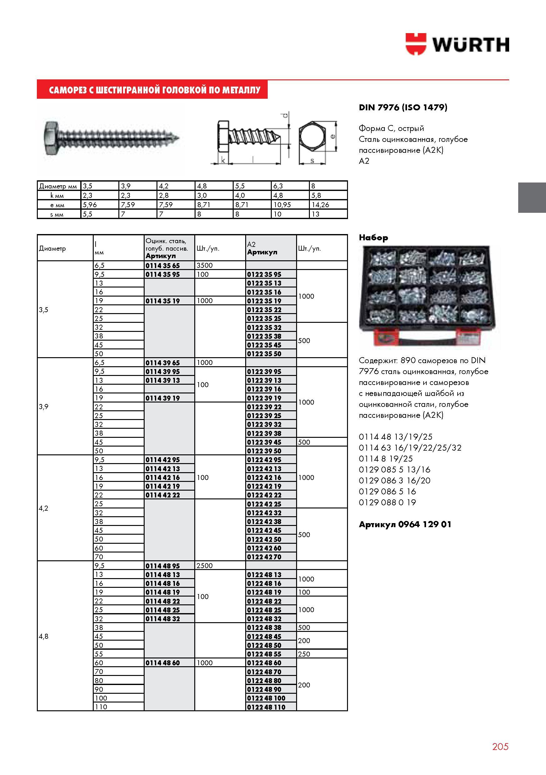 205 САМОРЕЗ WURTH С шестигранной ГОЛОВКОЙ ПО МЕТАЛЛУ Диаметр мм 35 39 42 48 55 63 8 k мм 23 23 28 30 40 48 58 e мм 596 759 759 871 871 1095 1426 s мм 55 7 Каталог WURTH 2014 Химия Инструмент Крепежные изделия Электротехническая продукция Оборудование и материалы для автосервиса Стр. 205