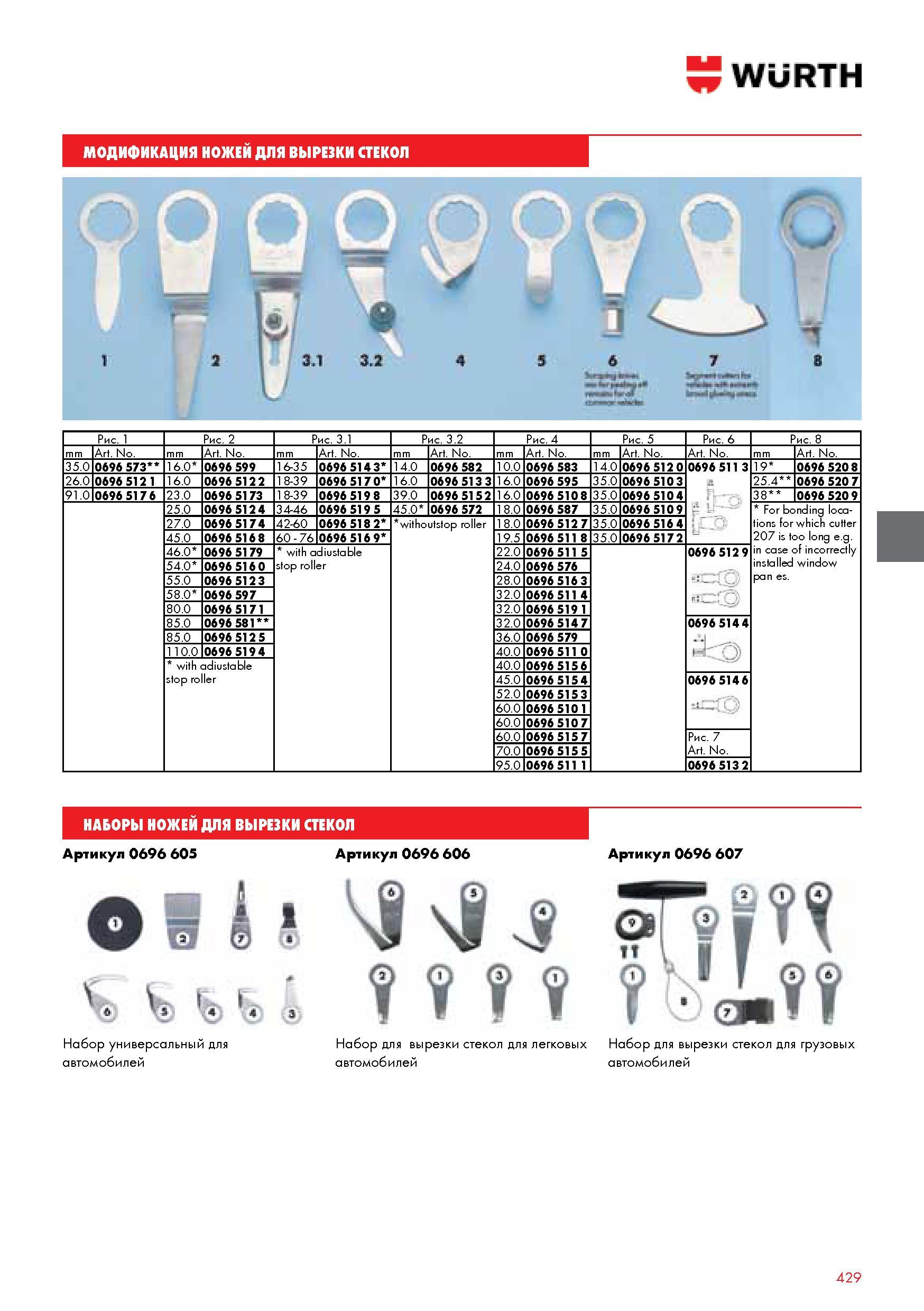 429 WURTH МОДИФИКАЦИЯ НОЖЕЙ ДЛЯ ВЫРЕЗКИ СТЕКОЛ mm A 35 0 0 26 0 0 91 0 0 6 0 0696 599 6-35 0696 514 3 4 0 0696 582 6 0 8 0 42-60 0696 518 2 60 - 76 0696 5 Каталог WURTH 2014 Химия Инструмент Крепежные изделия Электротехническая продукция Оборудование и материалы для автосервиса Стр. 429