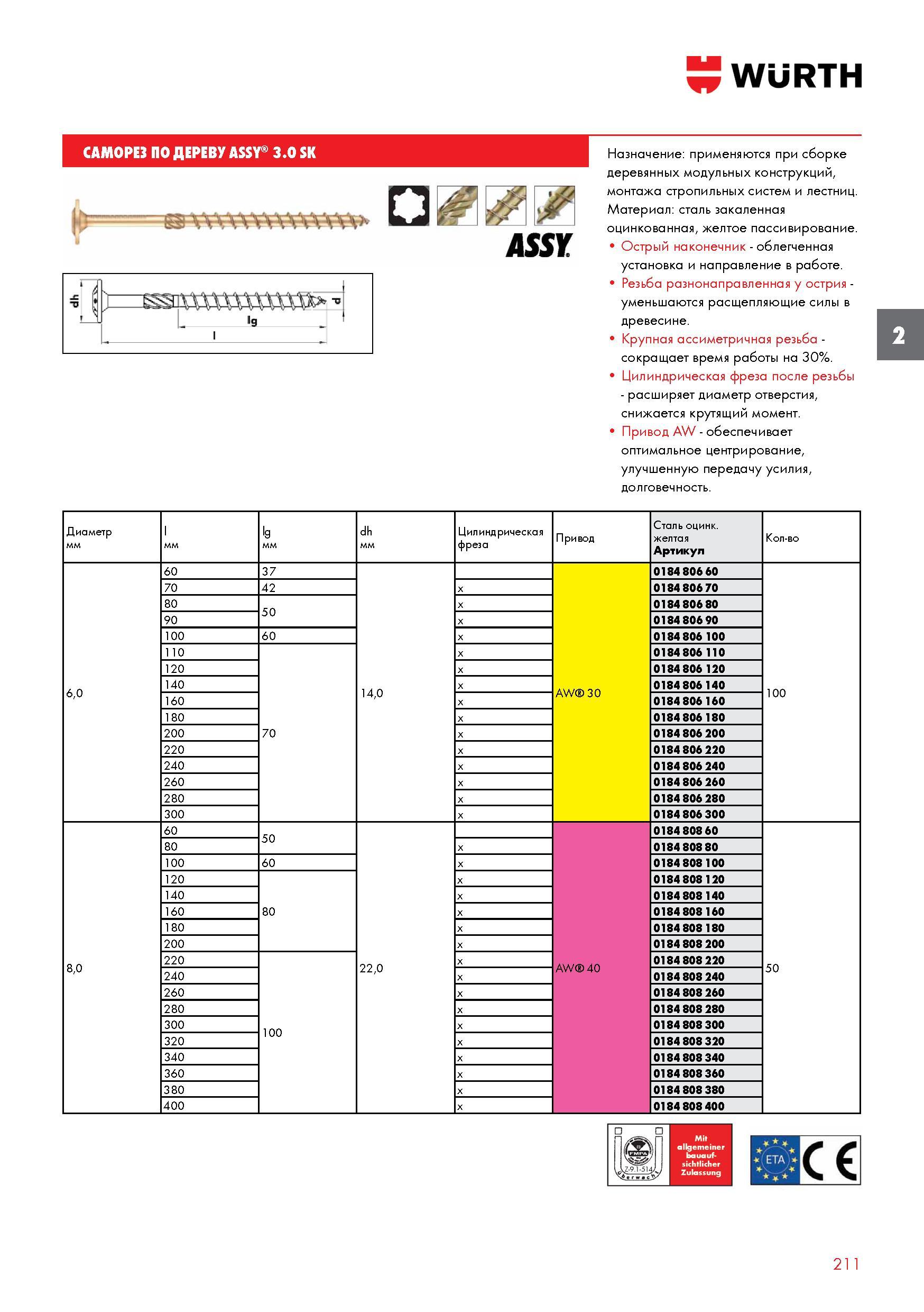 211 САМОРЕЗ WURTH ПО ДЕРЕВУ ASSY 3 0 SK Назначение применяются при сборке деревянных модульных конструкций, монтажа стропильных систем и лестниц Мате Каталог WURTH 2016 Режущий и слесарный инструмент Продукция химическая и электротехническая Крепежные изделия Расходные и абразивные материалы Стр. 211