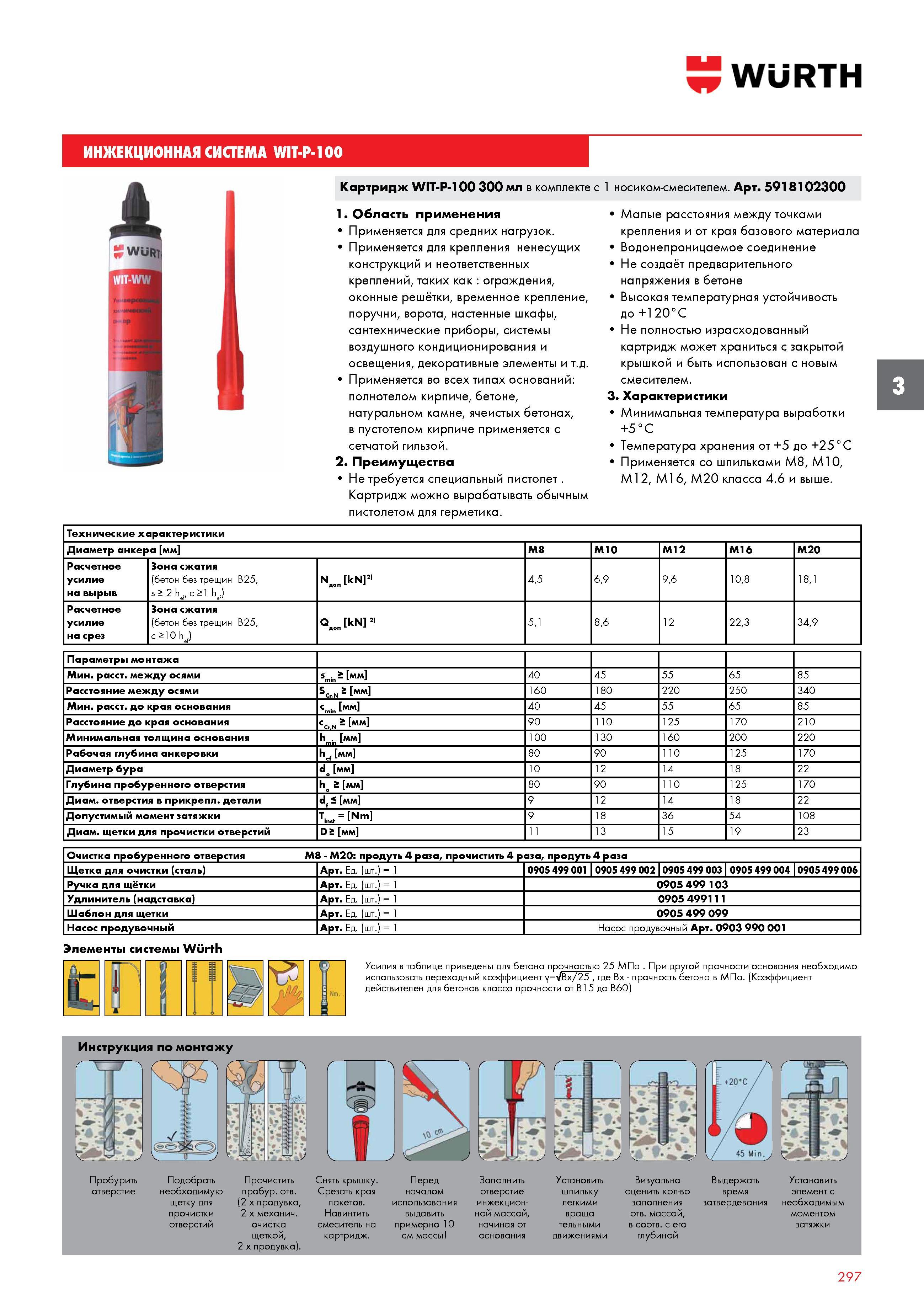 297 ИНЖЕКЦИОННАЯ СИСТЕМА WURTH WIT-P-100 Картридж 300 мл в комплекте с 1 носиком-смесителем Артикул 5918102300 1 Область применения Применяется для с Каталог WURTH 2016 Режущий и слесарный инструмент Продукция химическая и электротехническая Крепежные изделия Расходные и абразивные материалы Стр. 297