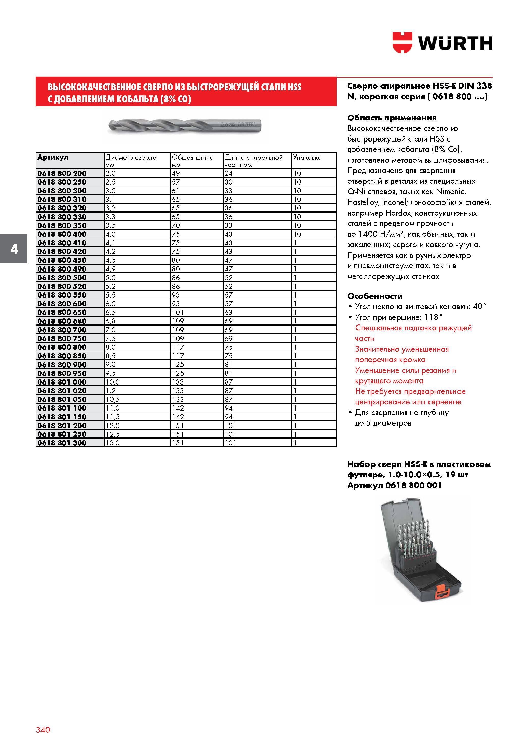 340 ВЫСОКОКАЧЕСТВЕННОЕ СВЕРЛО WURTH ИЗ БЫСТРОРЕЖУЩЕЙ СТАЛИ HSS С ДОБАВЛЕНИЕМ КОБАЛЬТА (8% CO) Артикул Диаметр сверла Общая длина Длина спиральной час Каталог WURTH 2016 Режущий и слесарный инструмент Продукция химическая и электротехническая Крепежные изделия Расходные и абразивные материалы Стр. 340