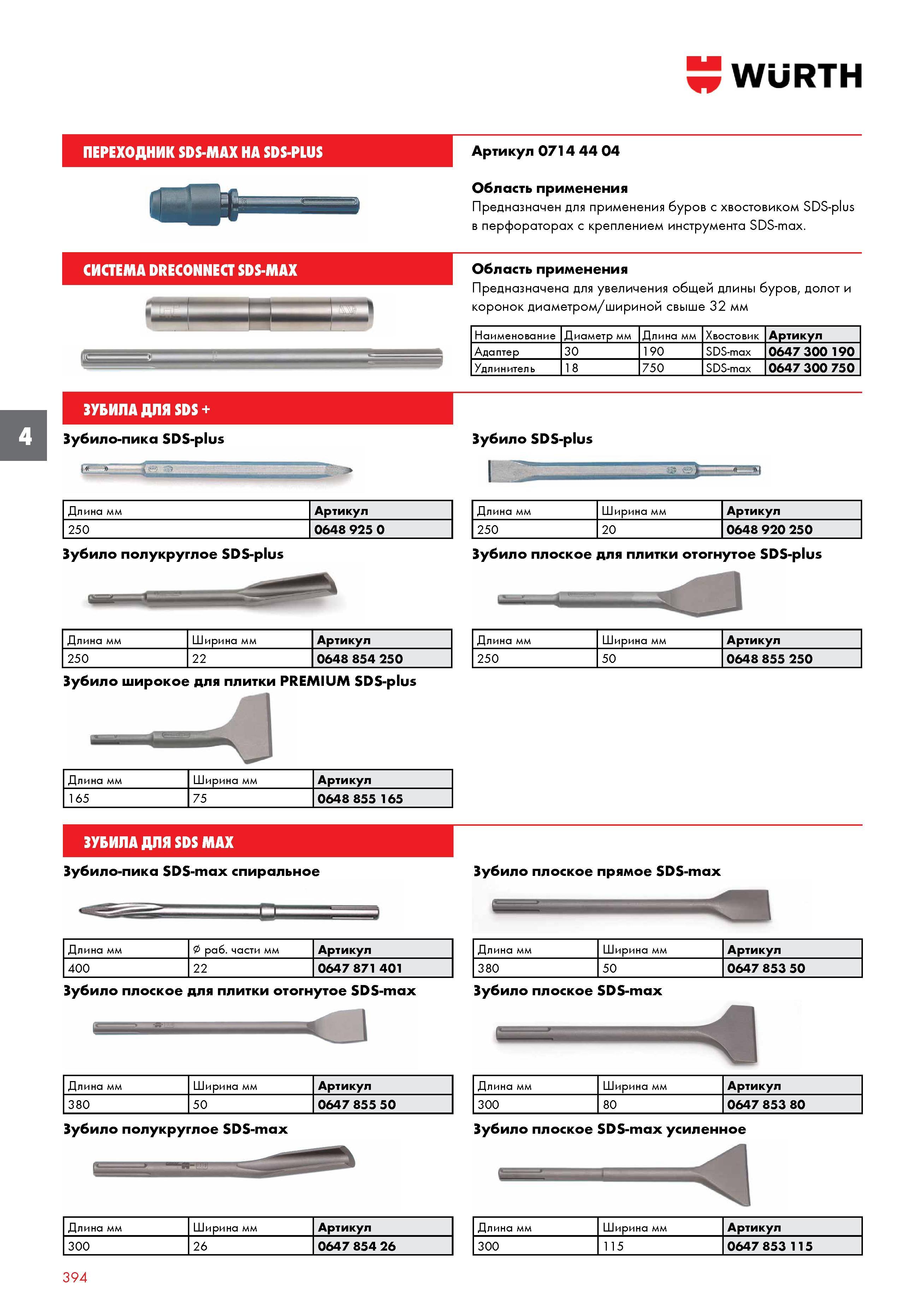 394 ПЕРЕХОДНИК WURTH SDS-MAX НА SDS-PLUS СИСТЕМА DRECONNECT SDS-MAX зубила ДЛЯ SDS + Зубило-пика SDS-plus Артикул 0714 44 04 Область применения Предн Каталог WURTH 2016 Режущий и слесарный инструмент Продукция химическая и электротехническая Крепежные изделия Расходные и абразивные материалы Стр. 394