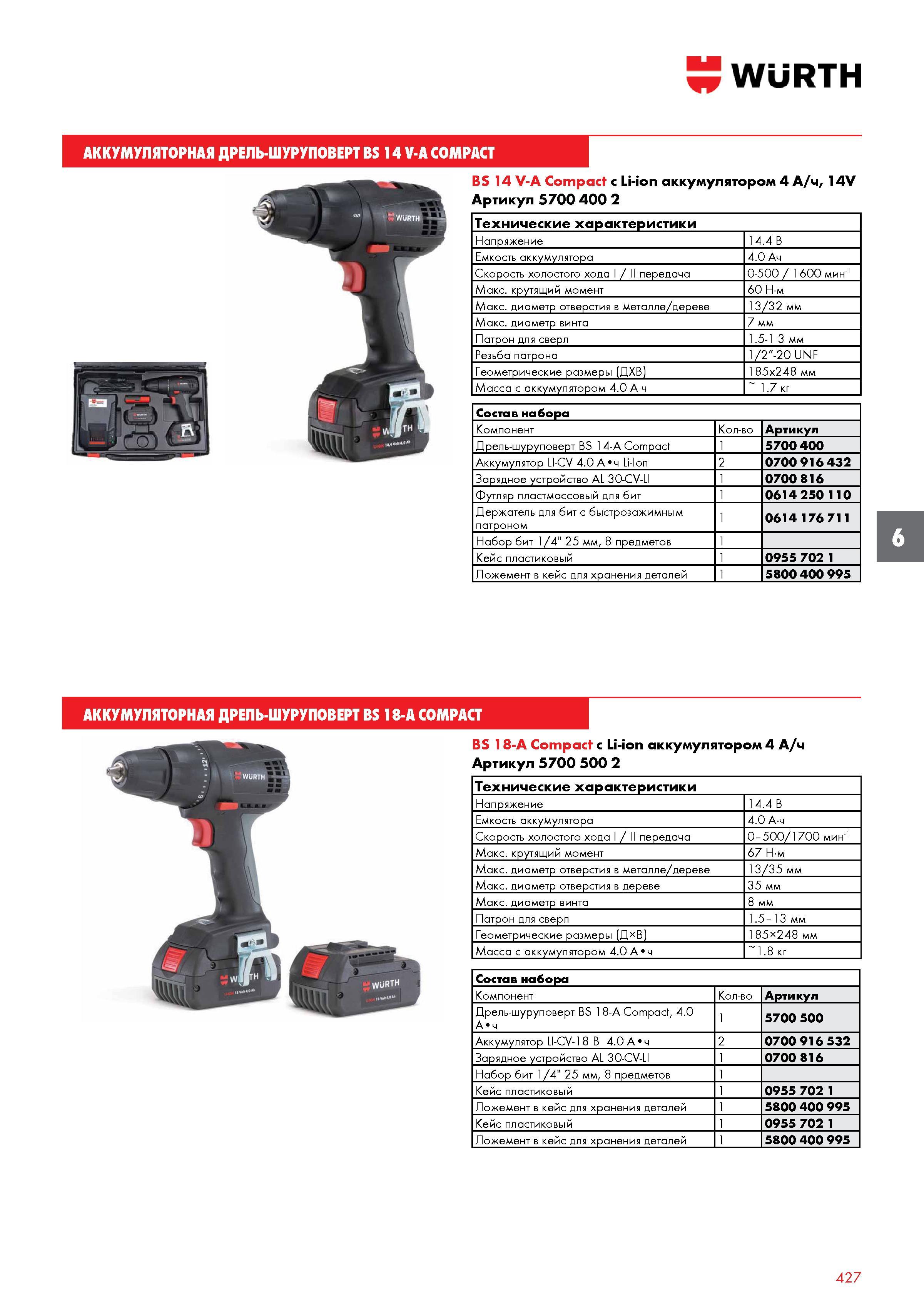 427 АККУМУЛЯТОРНАЯ ДРЕЛЬ-ШУРУПОВЕРТ BS 14 V-A COMPACT WURTH BS 14 V-A Compact с Li-ion аккумулятором 4 А/ч, 14V Артикул 5700 400 2 Технические характ Каталог WURTH 2016 Режущий и слесарный инструмент Продукция химическая и электротехническая Крепежные изделия Расходные и абразивные материалы Стр. 427