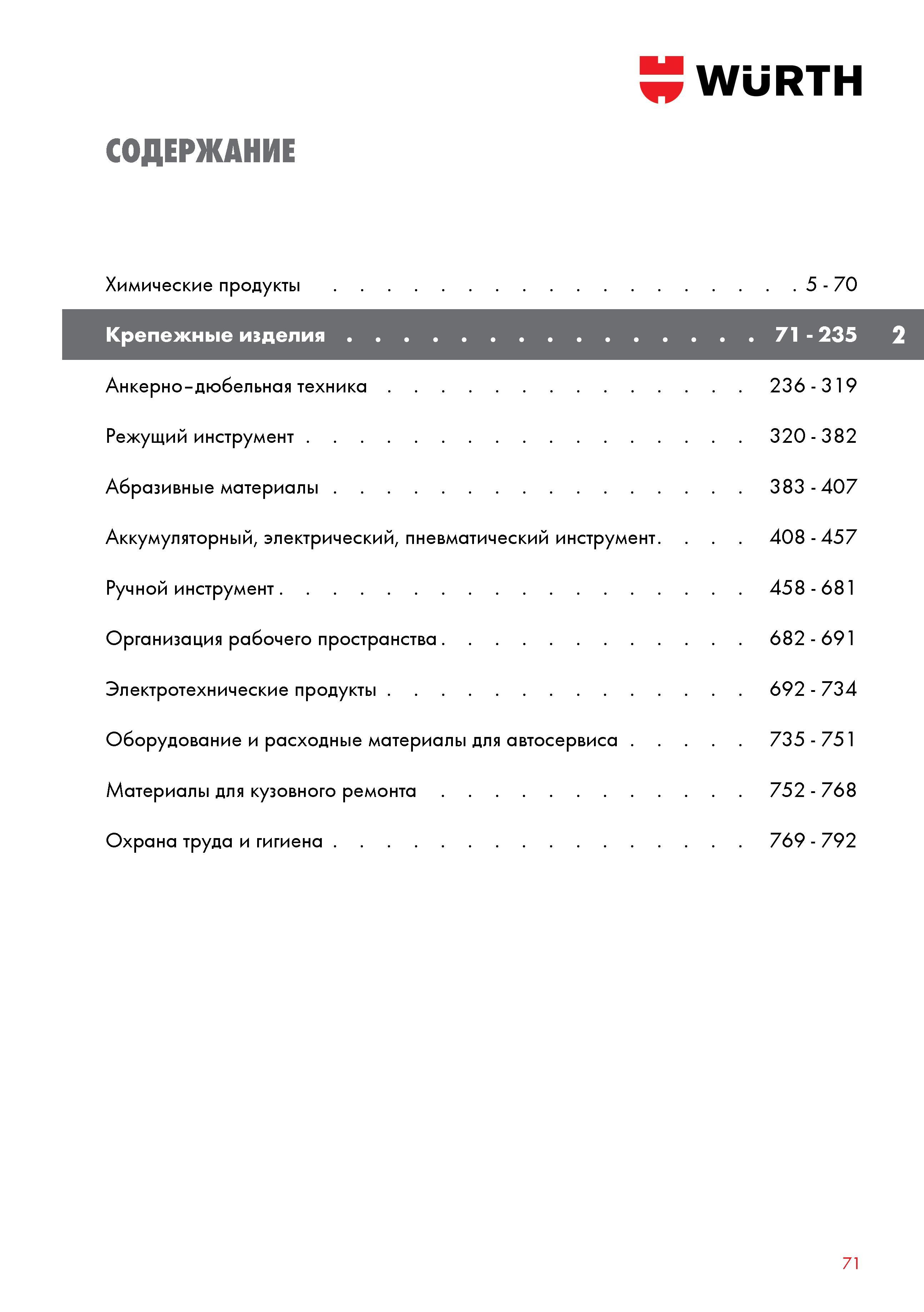 71 Содержание каталога продукции Wurth 2017 на русском языке Анкерно-дюбельная техника Режущий инструмент Абразивные материалы Аккумуляторный, Каталог WURTH 2017 Химическая продукция для автомобилей Крепежные изделия Инструмент режущий и абразивный Расходные материалы автосервиса Оборудование Материалы для кузовного ремонта Стр. 71