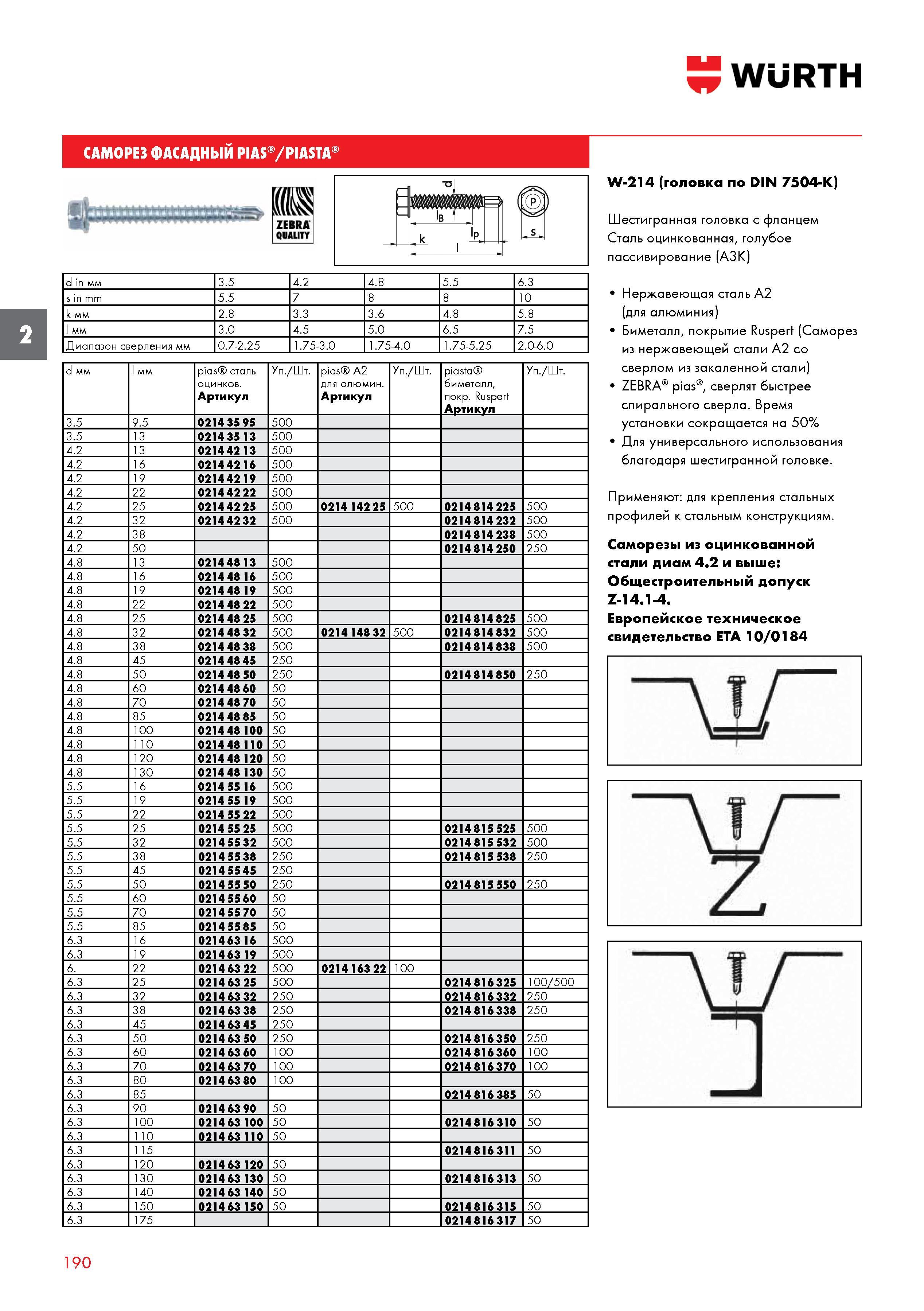 190 САМОРЕЗ ФАСАДНЫЙ WURTH PIAS PIASTA d in мм 3 5 4 2 4 8 5 5 6 3 s in mm 5 5 7 8 8 10 k мм 2 8 3 3 3 6 4 8 5 8 l мм 3 0 4 5 5 0 6 5 7 5 Диапаз Каталог WURTH 2017 Химическая продукция для автомобилей Крепежные изделия Инструмент режущий и абразивный Расходные материалы автосервиса Оборудование Материалы для кузовного ремонта Стр. 190