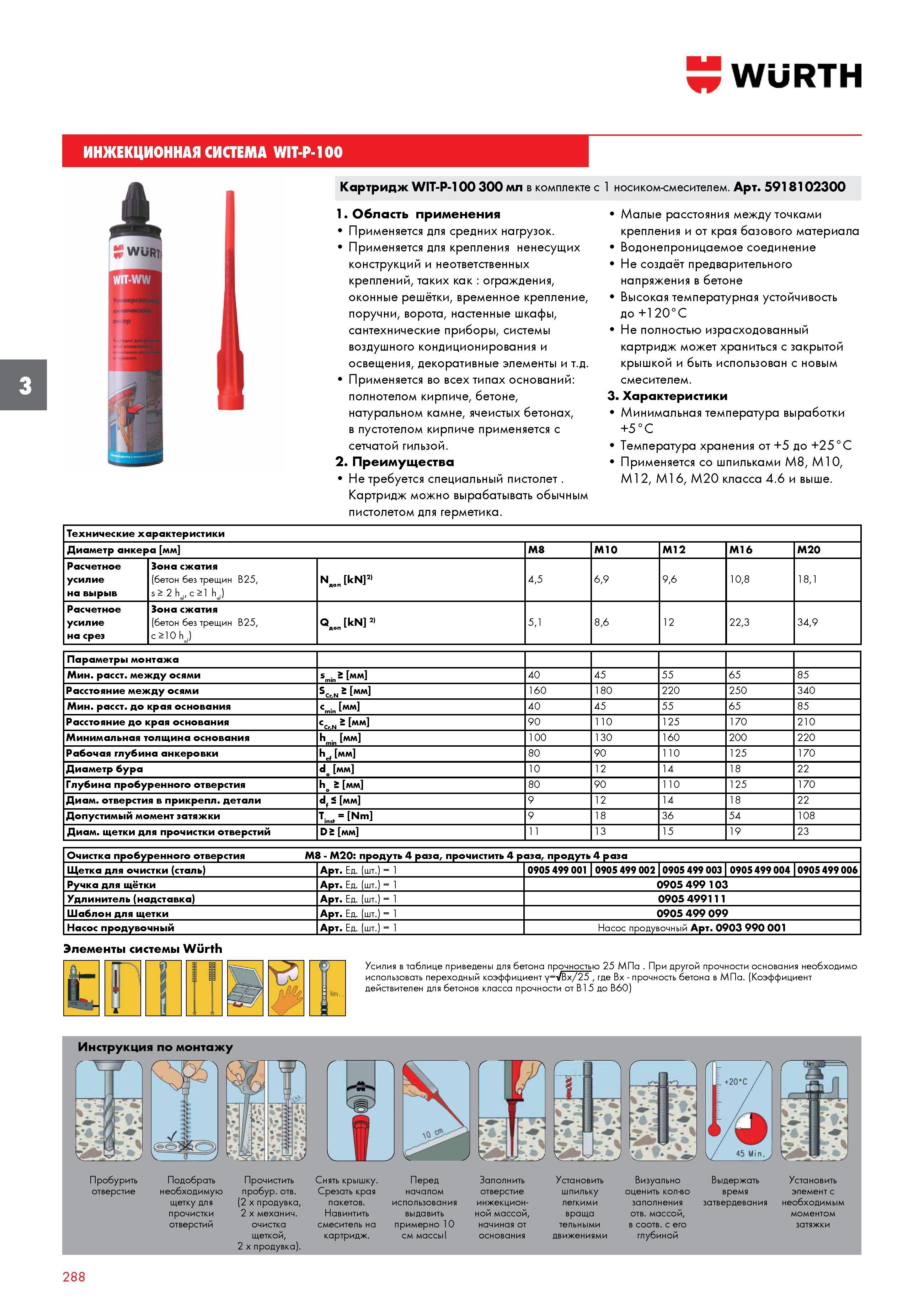 288 ИНЖЕКЦИОННАЯ СИСТЕМА WURTH WIT -100 Картридж WIT-Р-100 300 мл в комплекте с 1 носиком-смесителем Арт 5918102300 1 Область применения Применя Каталог WURTH 2017 Химическая продукция для автомобилей Крепежные изделия Инструмент режущий и абразивный Расходные материалы автосервиса Оборудование Материалы для кузовного ремонта Стр. 288