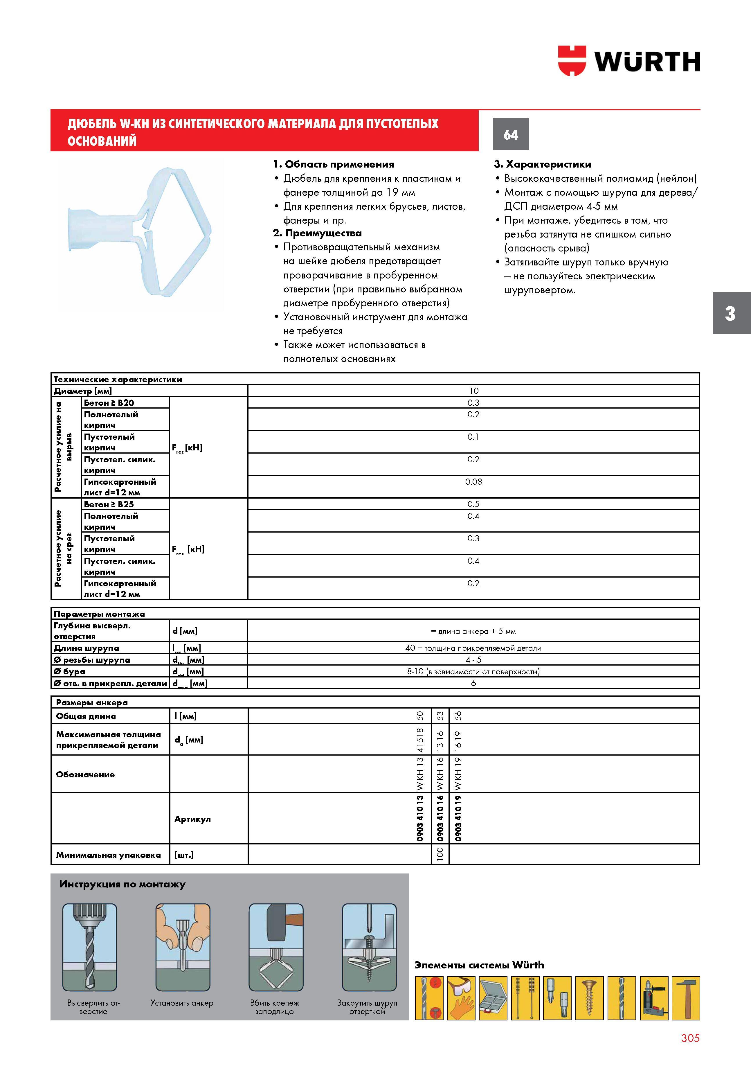 305 Дюбель Wurth W-KH из синтетического материала для пустотелых оснований Преимущества Противовращательный механизм на шейке дюбеля предотвраща Каталог WURTH 2017 Химическая продукция для автомобилей Крепежные изделия Инструмент режущий и абразивный Расходные материалы автосервиса Оборудование Материалы для кузовного ремонта Стр. 305