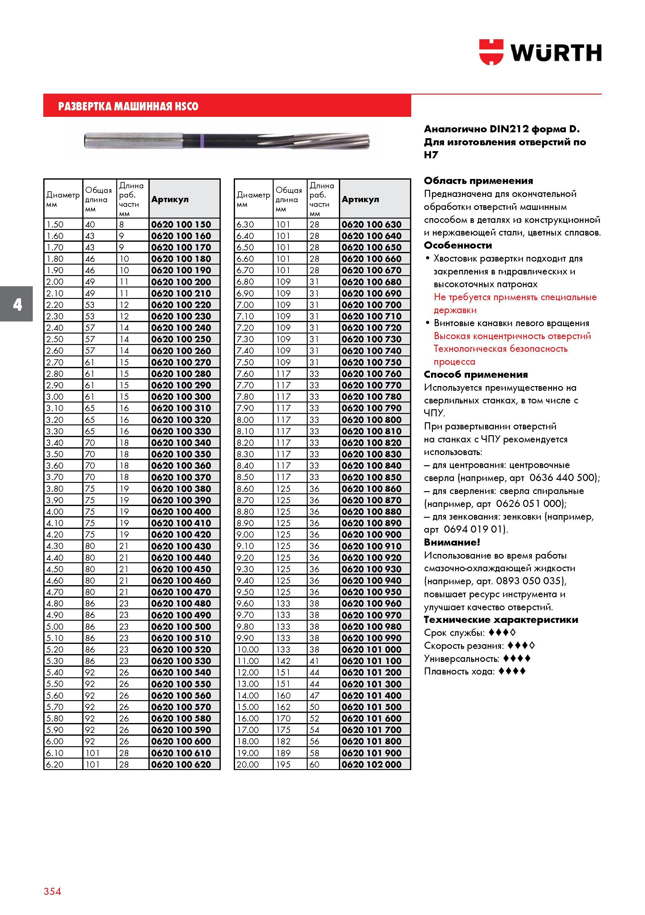 354 Косозубые цилиндрические развертки Wurth из кобальтовой быстрорежущей стали HSCO и с гладким цилиндрическим хвостовиком (ц/х) Изображение ре Каталог WURTH 2017 Химическая продукция для автомобилей Крепежные изделия Инструмент режущий и абразивный Расходные материалы автосервиса Оборудование Материалы для кузовного ремонта Стр. 354