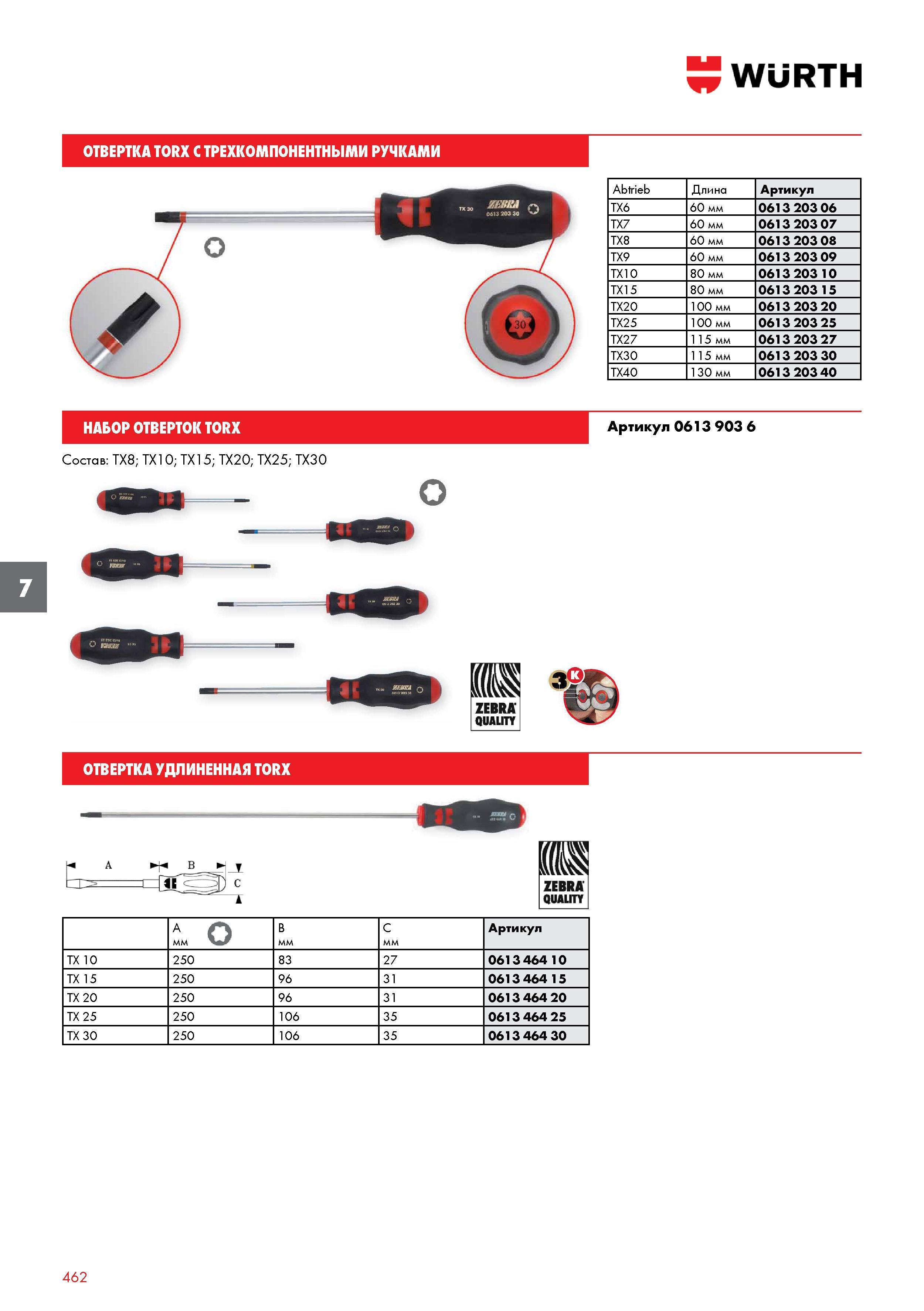 462 ОТВЕРТКА WURTH TORX С ТРЕХКОМПОНЕНТНЫМИ РУЧКАМИ Abtrieb Длина Артикул TX6 60 мм 0613 203 06 TX7 60 мм 0613 203 07 TX8 60 мм 0613 203 08 TX9 Каталог WURTH 2017 Химическая продукция для автомобилей Крепежные изделия Инструмент режущий и абразивный Расходные материалы автосервиса Оборудование Материалы для кузовного ремонта Стр. 462