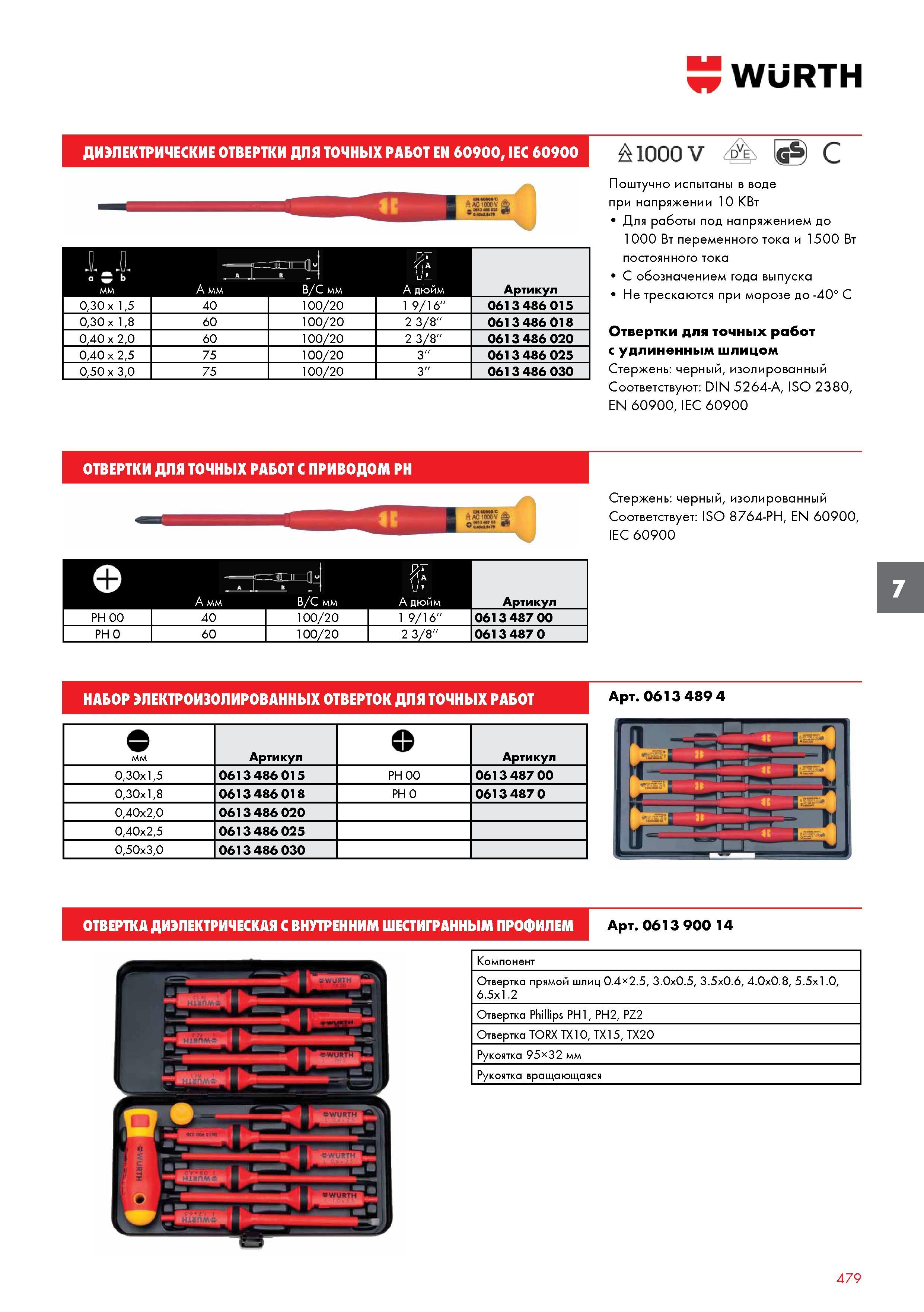 479 ДИЭЛЕКТРИЧЕСКИЕ ОТВЕРТКИ WURTH ДЛЯ ТОЧНЫХ РАБОТ EN 60900, IEC 60900 1 1 ММ А мм XI (bj В/С мм I А дюйм Артикул 0,30 x 1,5 40 100/20 1 9/16'' Каталог WURTH 2017 Химическая продукция для автомобилей Крепежные изделия Инструмент режущий и абразивный Расходные материалы автосервиса Оборудование Материалы для кузовного ремонта Стр. 479