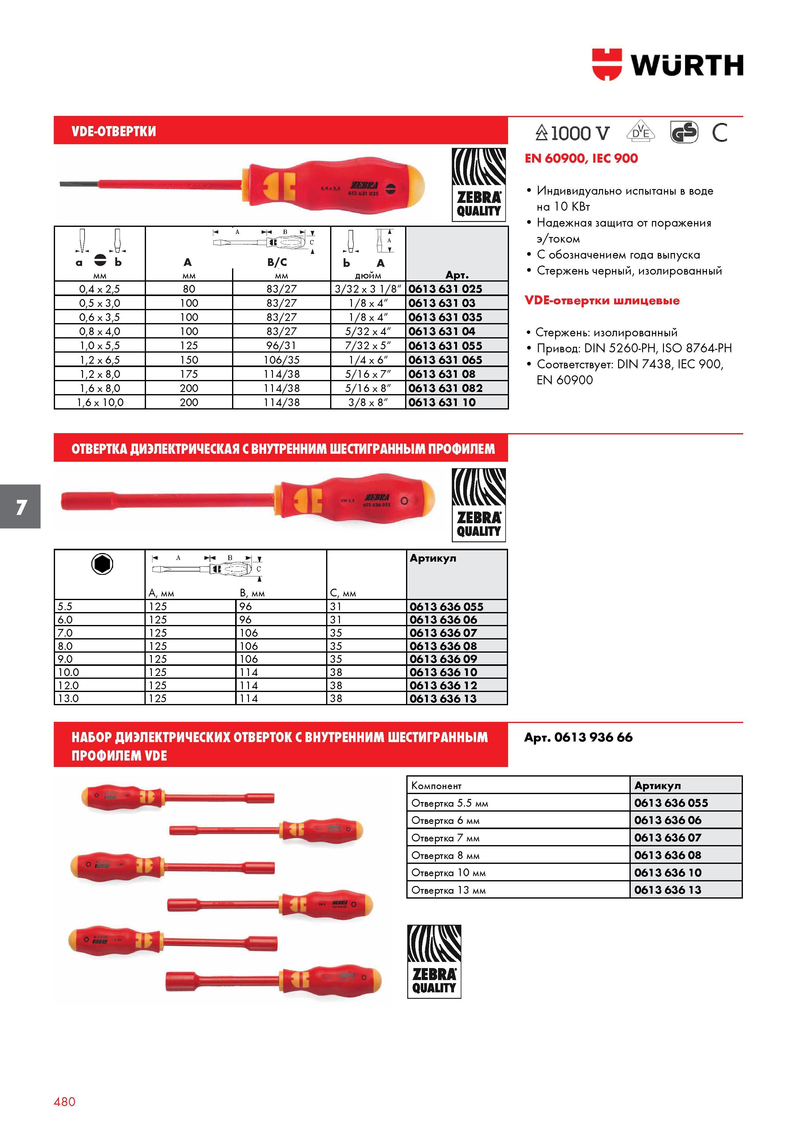 480 VDE-ОТВЕРТКИ WURTH I SI b A дюйм Арт A мм B/C 4 мм 0,4 x 2,5 80 83/27 3/32 x 3 1/8” 0613 631 025 0,5 x 3,0 100 83/27 1/8 x 4” 0613 631 03 0, Каталог WURTH 2017 Химическая продукция для автомобилей Крепежные изделия Инструмент режущий и абразивный Расходные материалы автосервиса Оборудование Материалы для кузовного ремонта Стр. 480