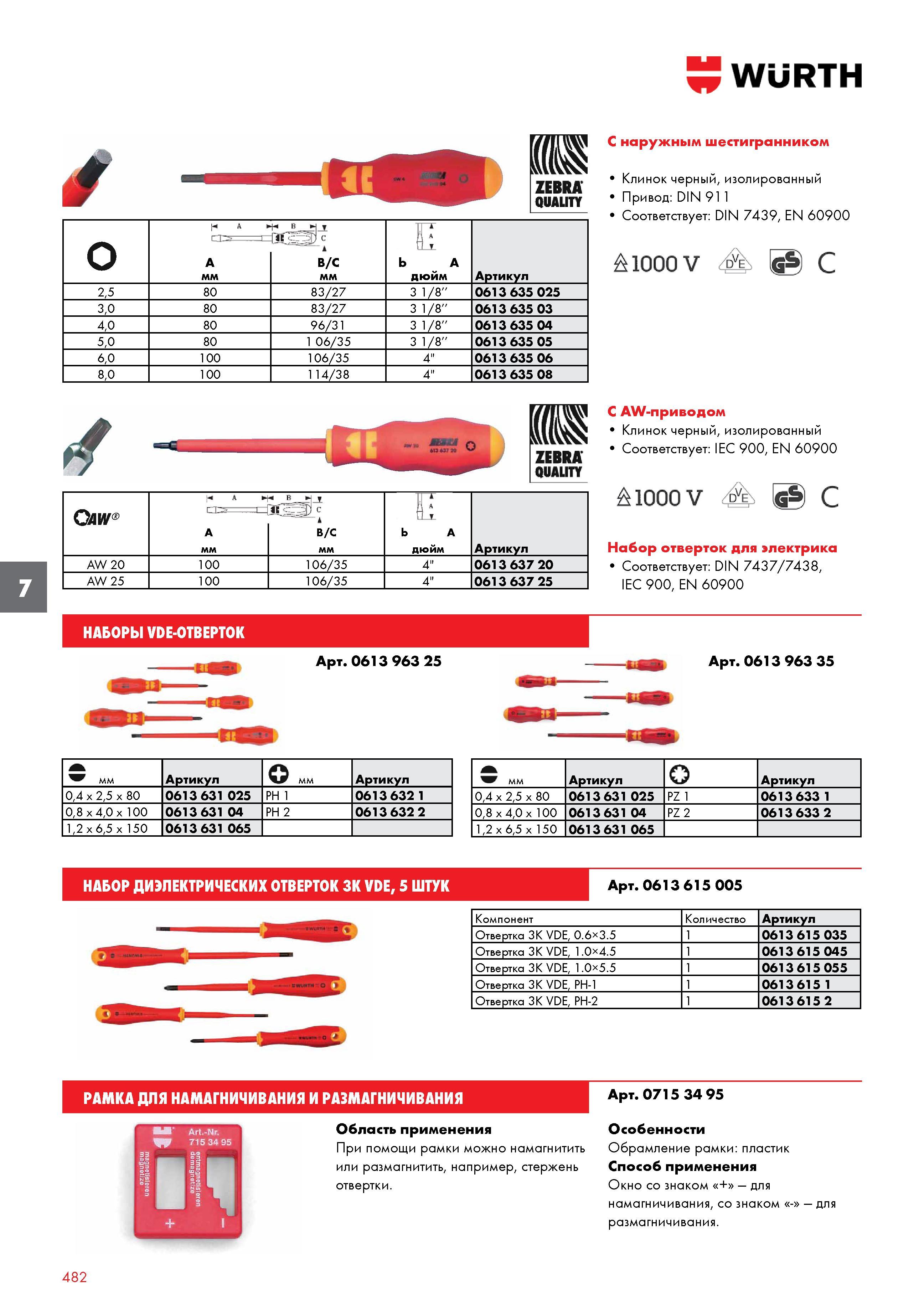 482 НАБОРЫ VDE-ОТВЕРТОК WURTH Арт 0613 963 25 ММ Артикул мм Артикул 0,4 x 2,5 x 80 0613 631 025 PH 1 0613 632 1 0,8 x 4,0 x 100 0613 631 04 PH 2 Каталог WURTH 2017 Химическая продукция для автомобилей Крепежные изделия Инструмент режущий и абразивный Расходные материалы автосервиса Оборудование Материалы для кузовного ремонта Стр. 482