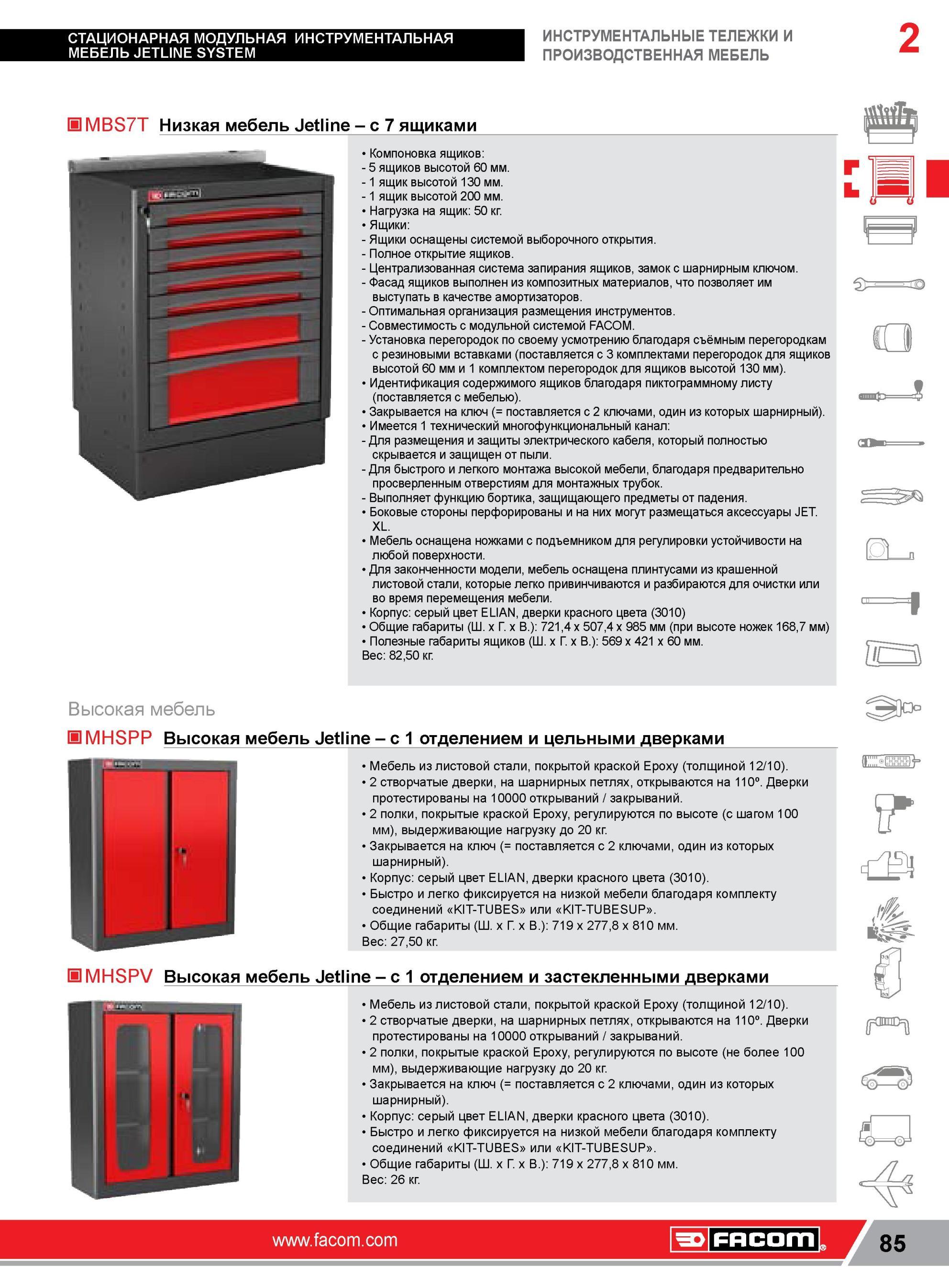 109 Стационарная модульная инструментальная мебель Facom JETLINE SYSTEM Общий вид и компоновка ящиков 5 ящиков высотой 60 мм 1 ящик высотой 130 мм 1 ящик Каталог FACOM 2014 Профессиональный слесарно-монтажный ручной инструмент Стр. 85