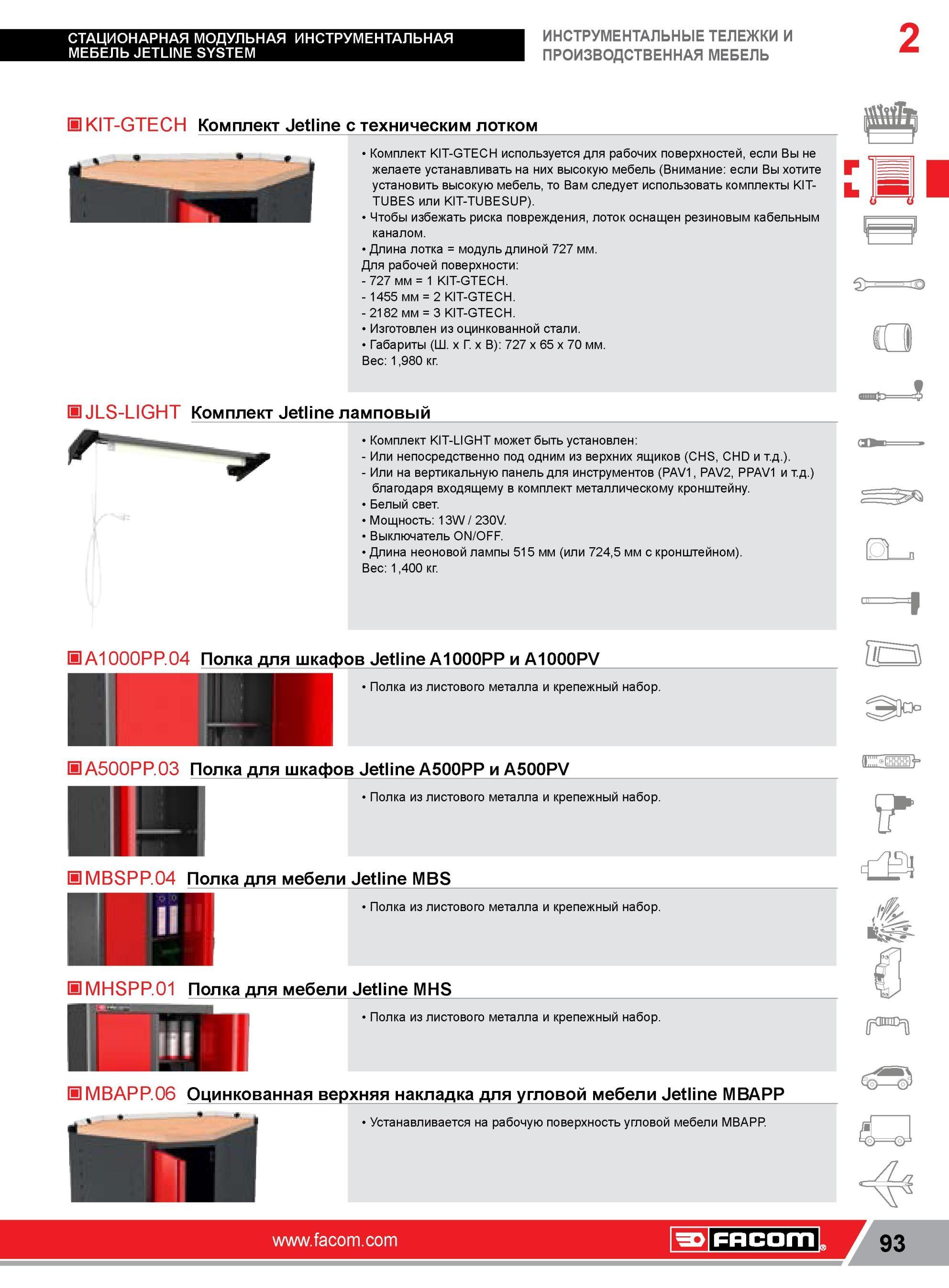 117 Комплект Facom KIT-GTECH используется для рабочих поверхностей, если Вы не желаете устанавливать на них высокую мебель (Внимание если Вы хотите устано Каталог FACOM 2014 Профессиональный слесарно-монтажный ручной инструмент Стр. 93