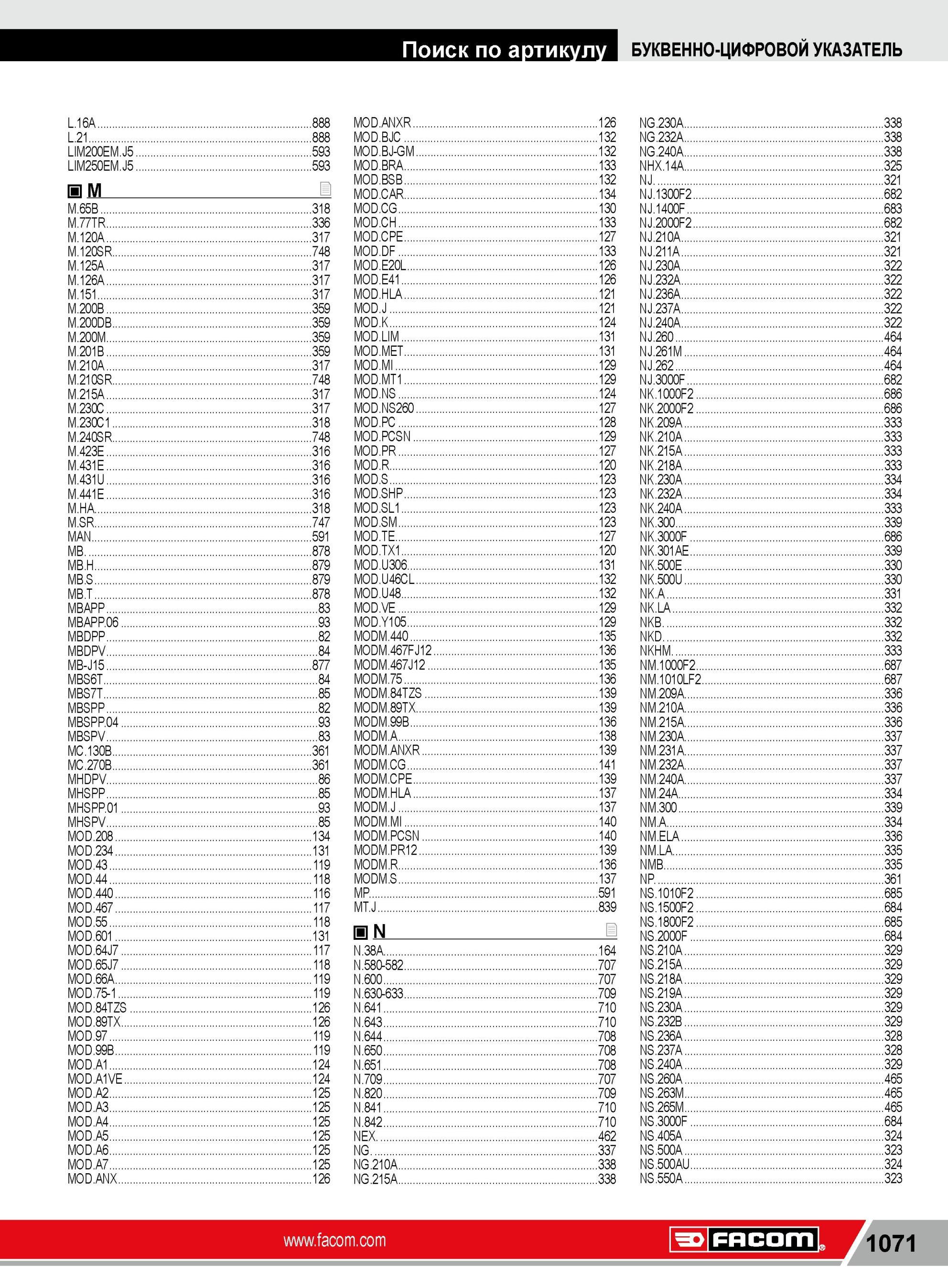 1095 ИНСТРУМЕНТ FACOM В ПРОМЫШЛЕННОМ КАТАЛОГЕ БУКВЕННО-ЦИФРОВОЙ УКАЗАТЕЛЬ L 16A 888 L 21 888 LIM200EM J5 593 LIM250EM J5 593 si а M 65B 318 M 77TR 336 M 12 Каталог FACOM 2014 Профессиональный слесарно-монтажный ручной инструмент Стр. 1071