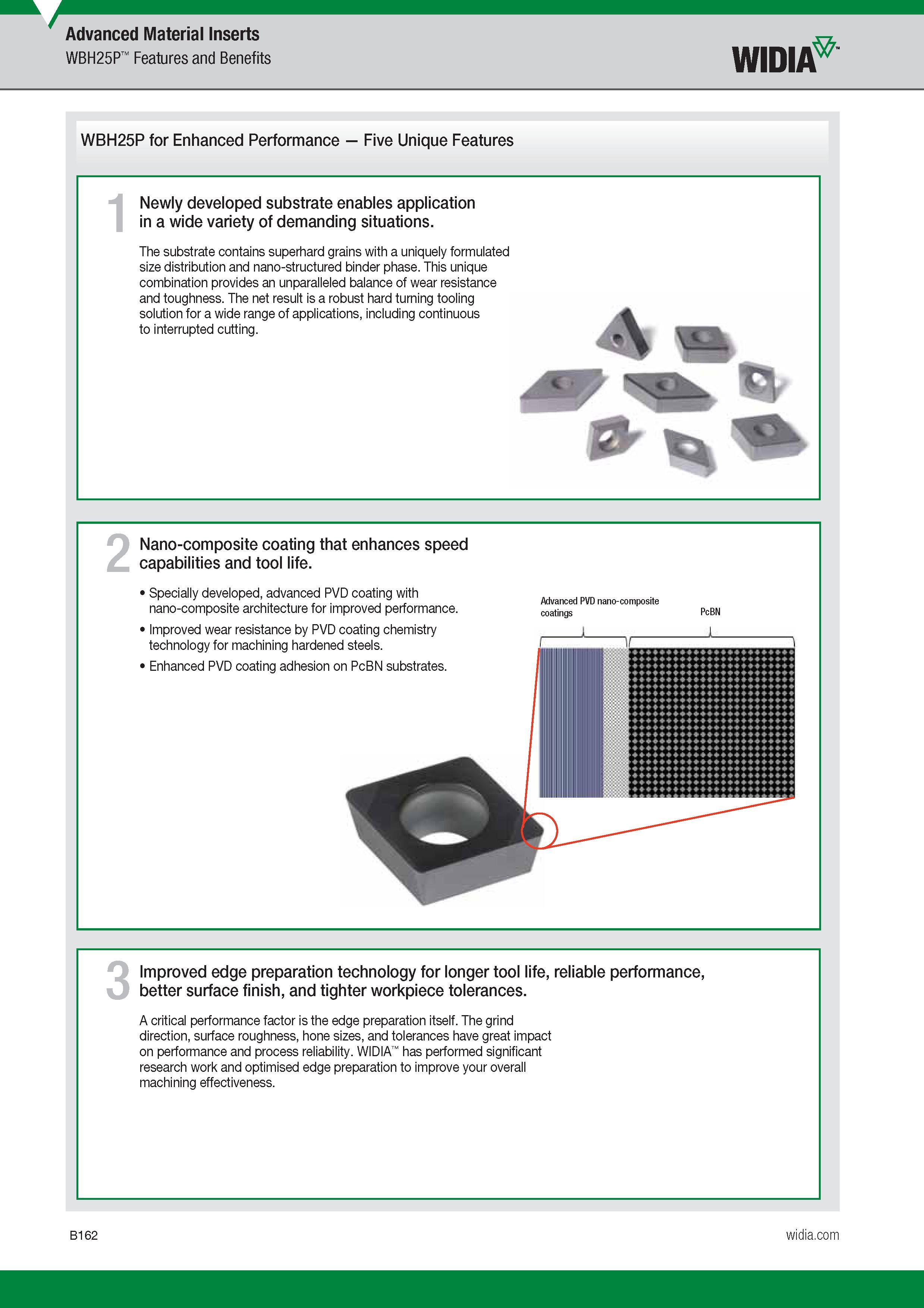 182 Advanced Material Inserts WBH25P Features and Benefits Widia WBH25P for Enhanced Performance Five Unique Features 1 Newly developed substrate enabl Каталог WIDIA 2017 Металлорежущий инструмент Стационарный и вращающийся для металлообрабатывающих станков и оборудования Стр. B162 ENG
