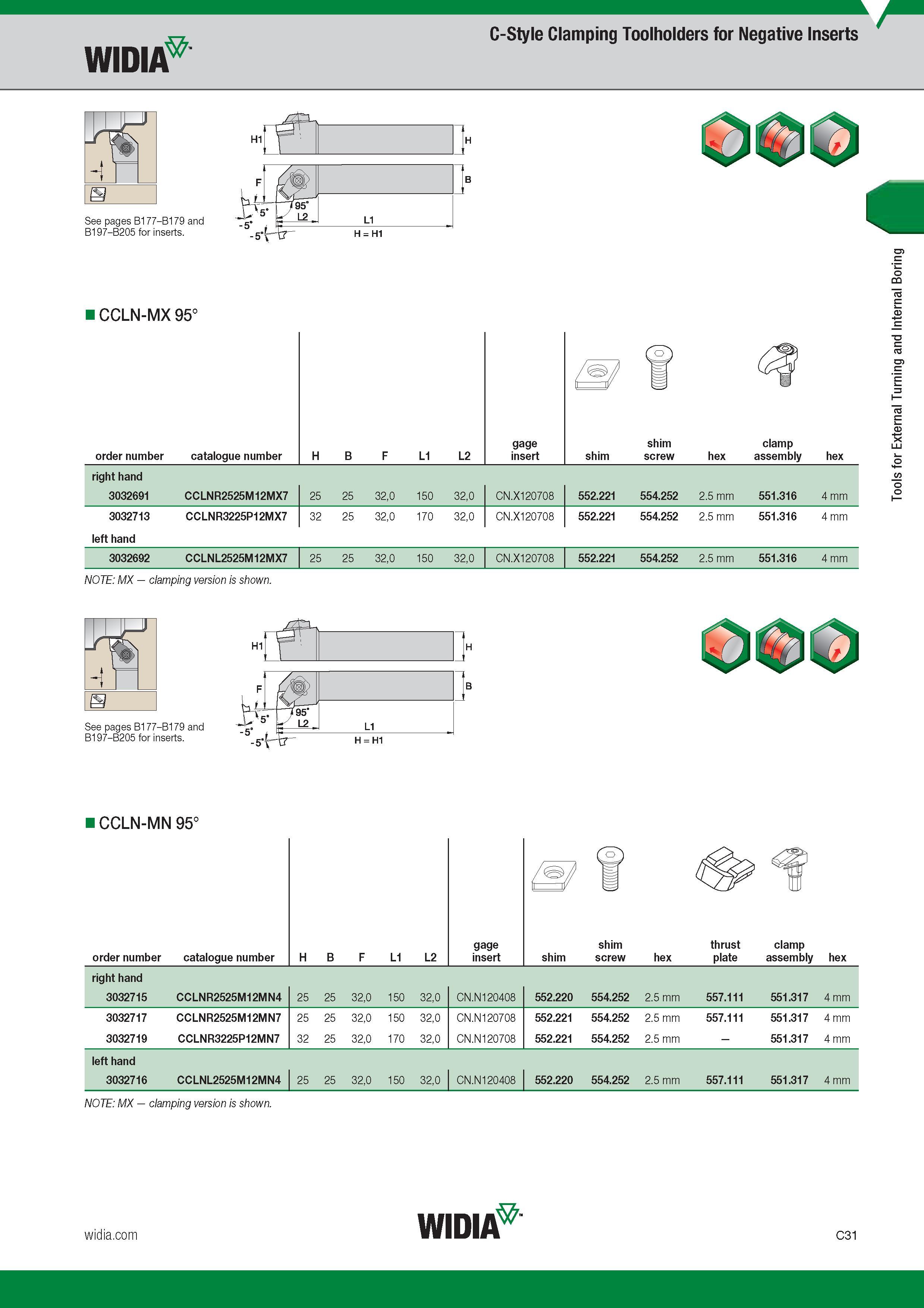 271 Токарный инструмент Widia по металлу Для наружного точения C-Style Clamping Toolholders for Negative Inserts Каталог WIDIA 2017 Металлорежущий инструмент Стационарный и вращающийся для металлообрабатывающих станков и оборудования Стр. C31 ENG