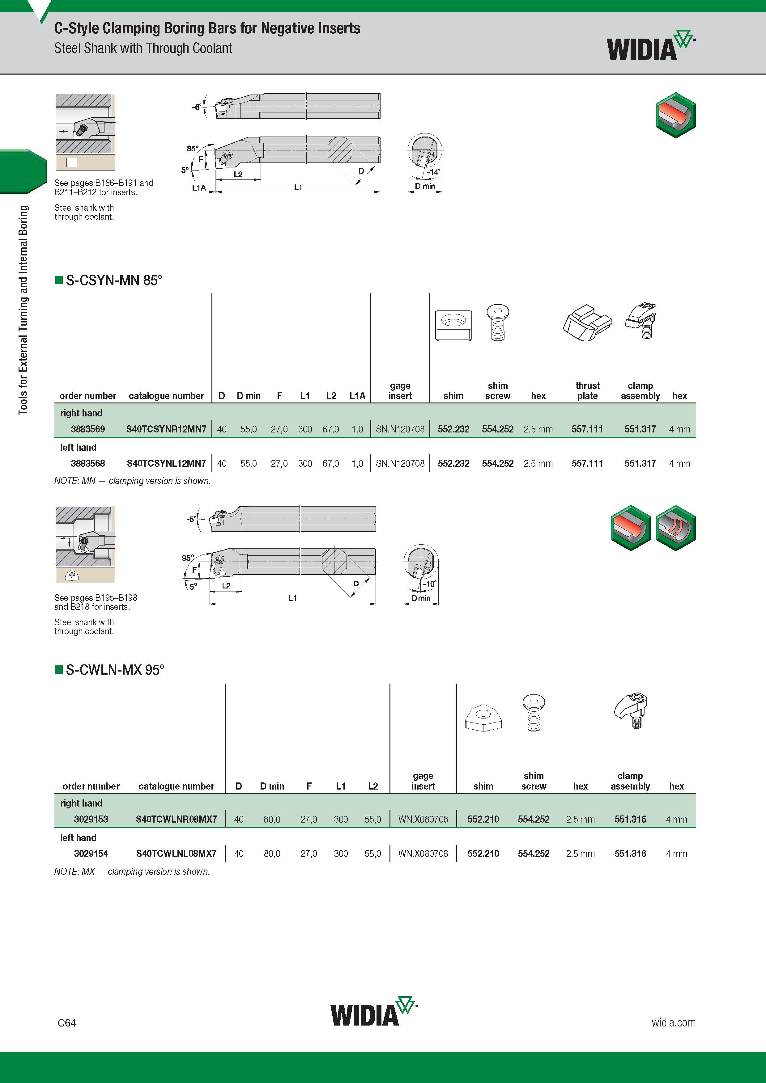 304 Tools for External Turning and Internal Boring Токарный инструмент Widia для наружного точения и внутреннего растачивания C-Style Clamping Boring B Каталог WIDIA 2017 Металлорежущий инструмент Стационарный и вращающийся для металлообрабатывающих станков и оборудования Стр. C64 ENG