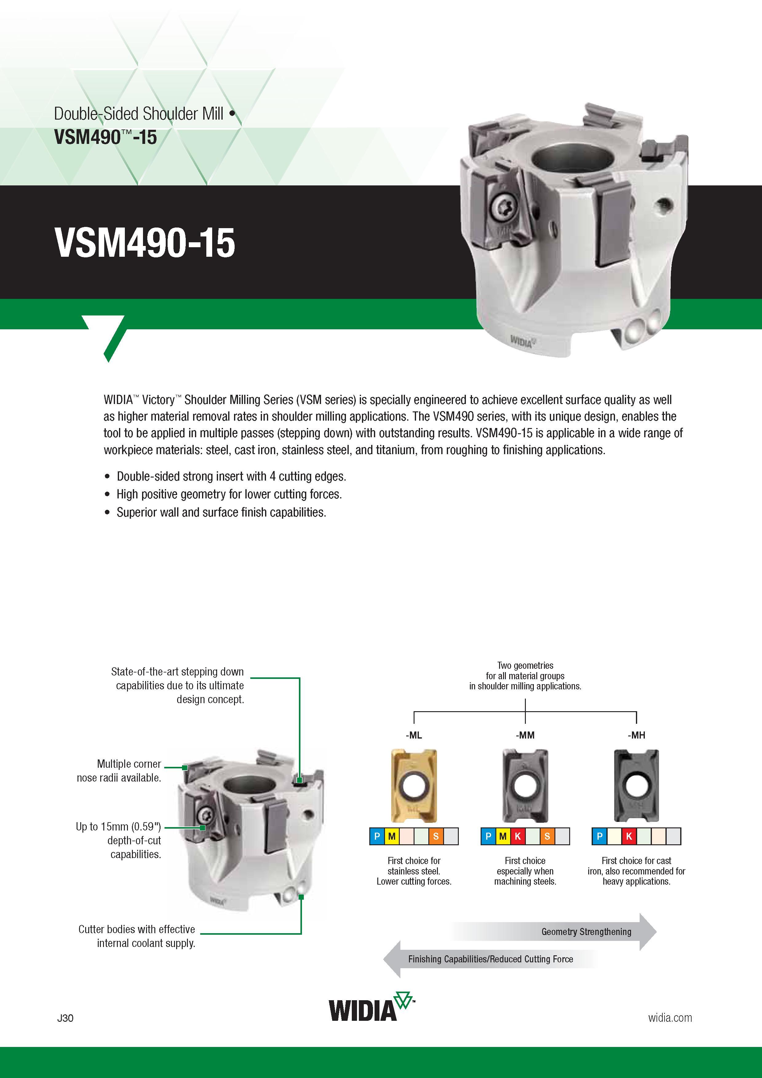 838 Widia Victory Shoulder Milling VSM490 series, with its unique design, enables the tool to be applied in multiple passes (stepping down) with outsta Каталог WIDIA 2017 Металлорежущий инструмент Стационарный и вращающийся для металлообрабатывающих станков и оборудования Стр. J30 ENG