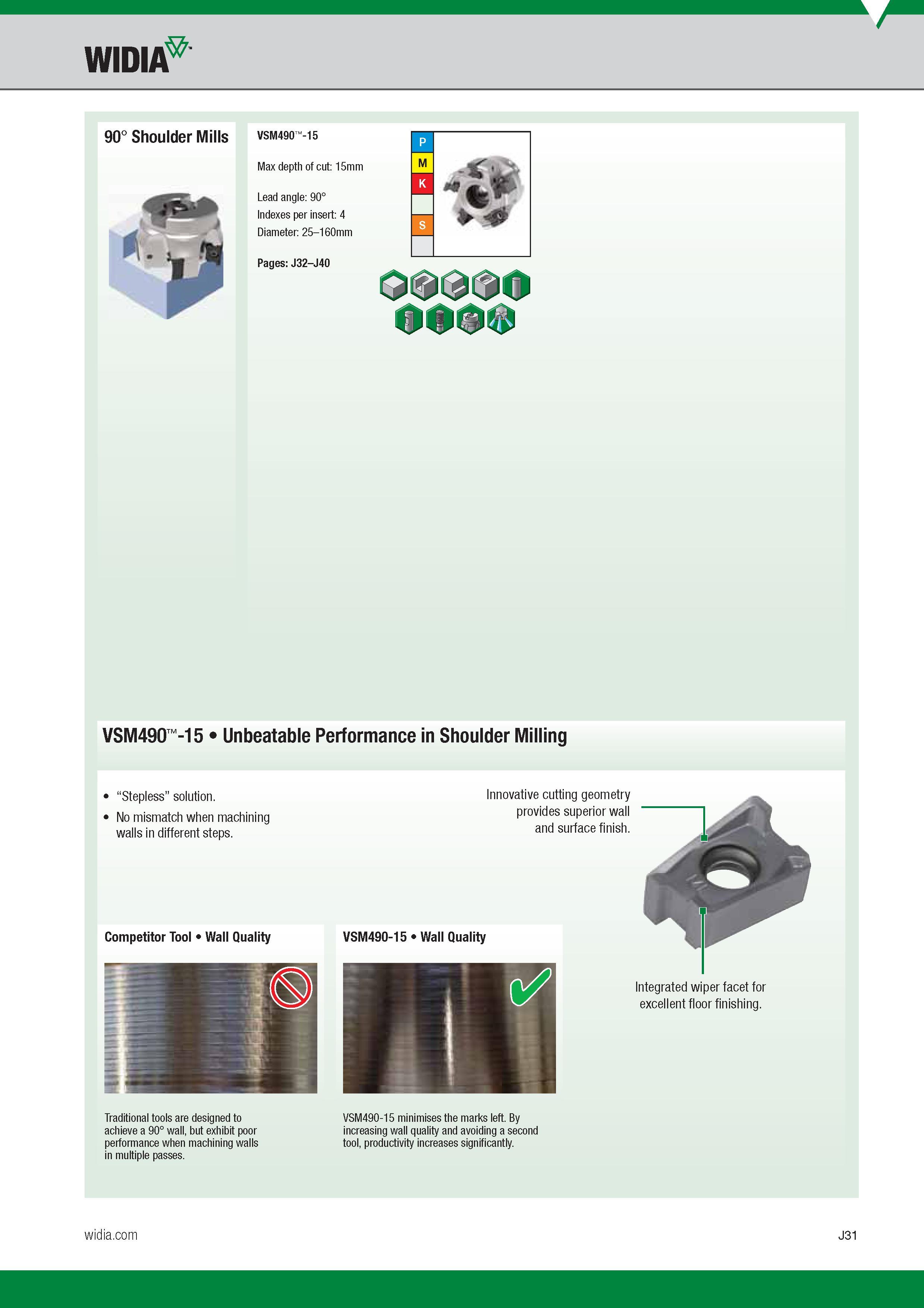 839 Widia VSM490 -15 Unbeatable Performance in Shoulder Milling Competitor Tool Wall Quality VSM490-15 Wall Quality Traditional tools are designed to a Каталог WIDIA 2017 Металлорежущий инструмент Стационарный и вращающийся для металлообрабатывающих станков и оборудования Стр. J31 ENG